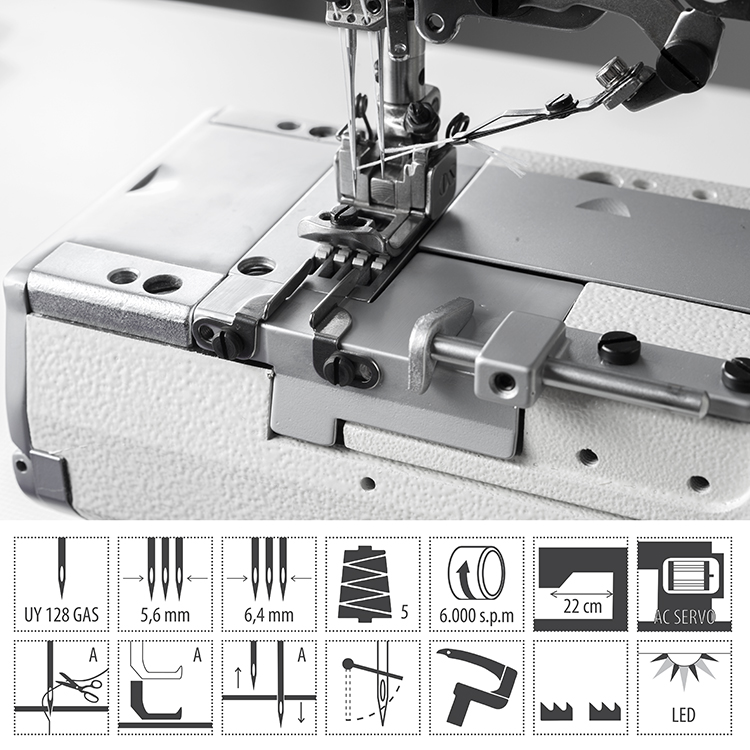 3-needle cylinder bed coverstitch (interlock) machine with electromagnetic automatic thread trimmer and built-in AC Servo motor - complete with 2 years warranty