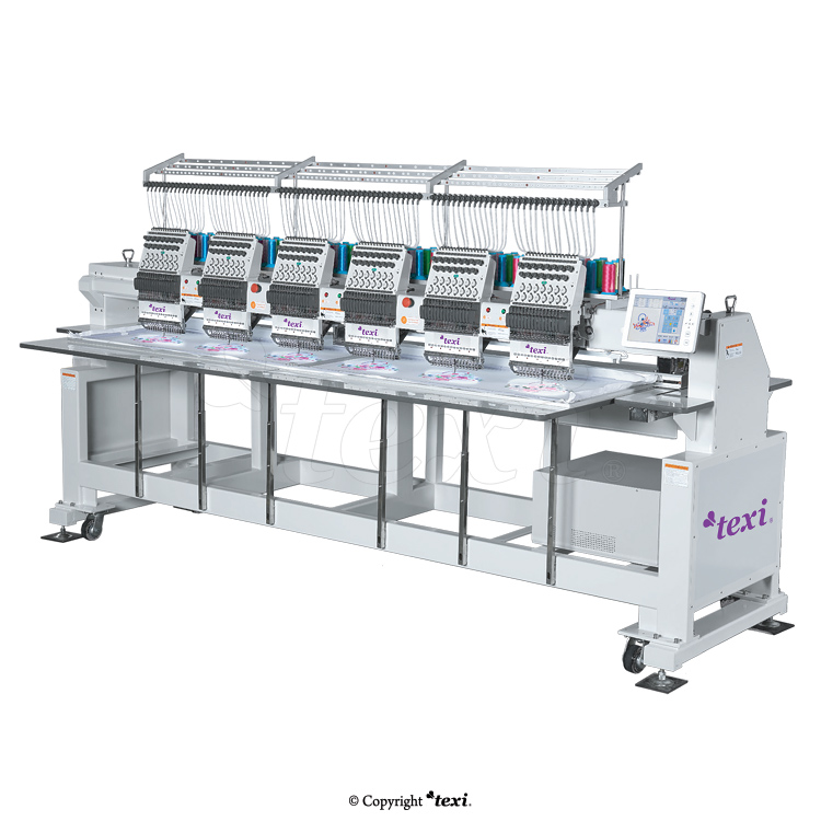 Industrial, six-head, twelve-needle embroidery machine with an enlarged field of work