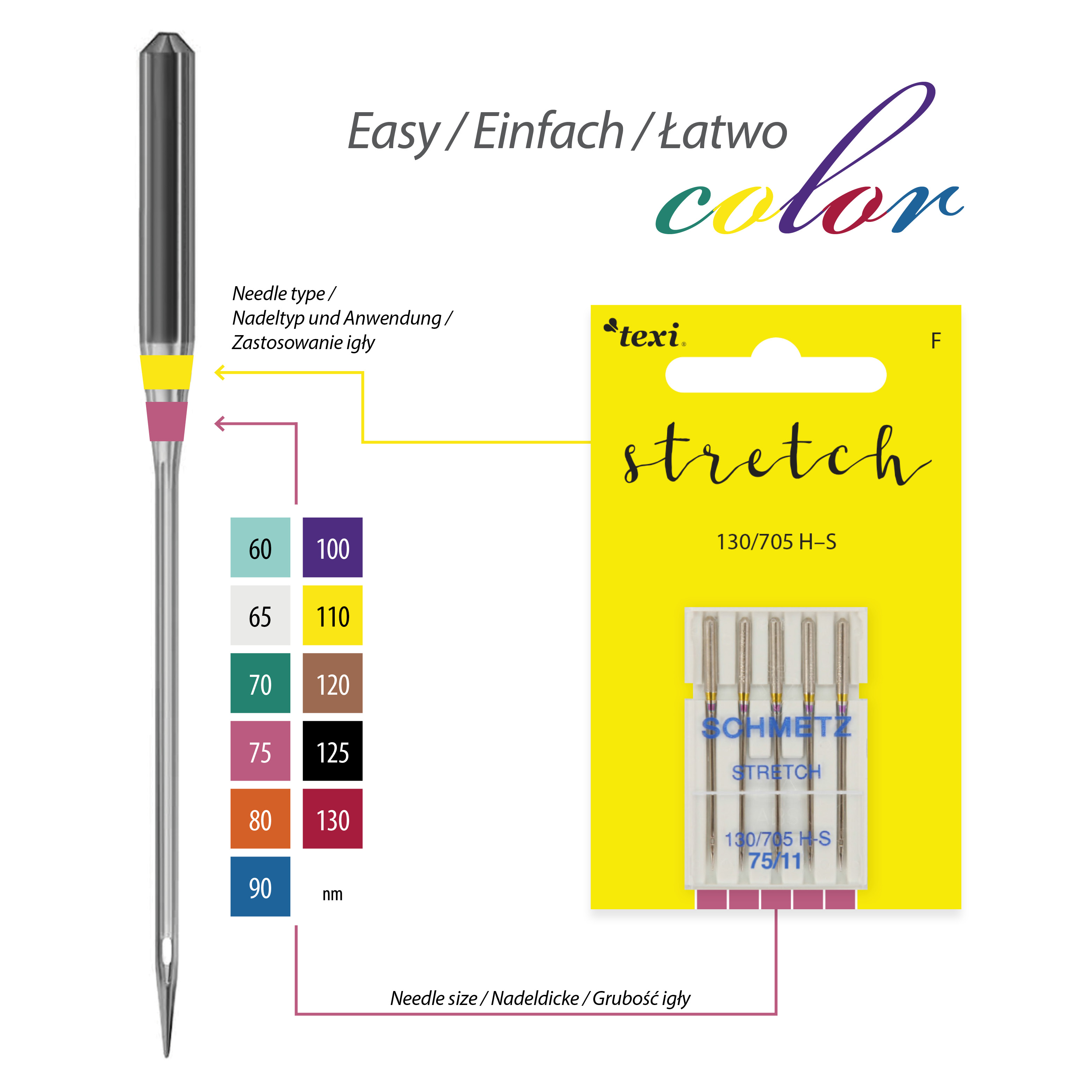 TEXI STRETCH 130/705 H-S 5x75 - Stretch needles for household machines, 5 pcs, size 75 - 2 Stretch needles for household machines, 5 pcs, size 75