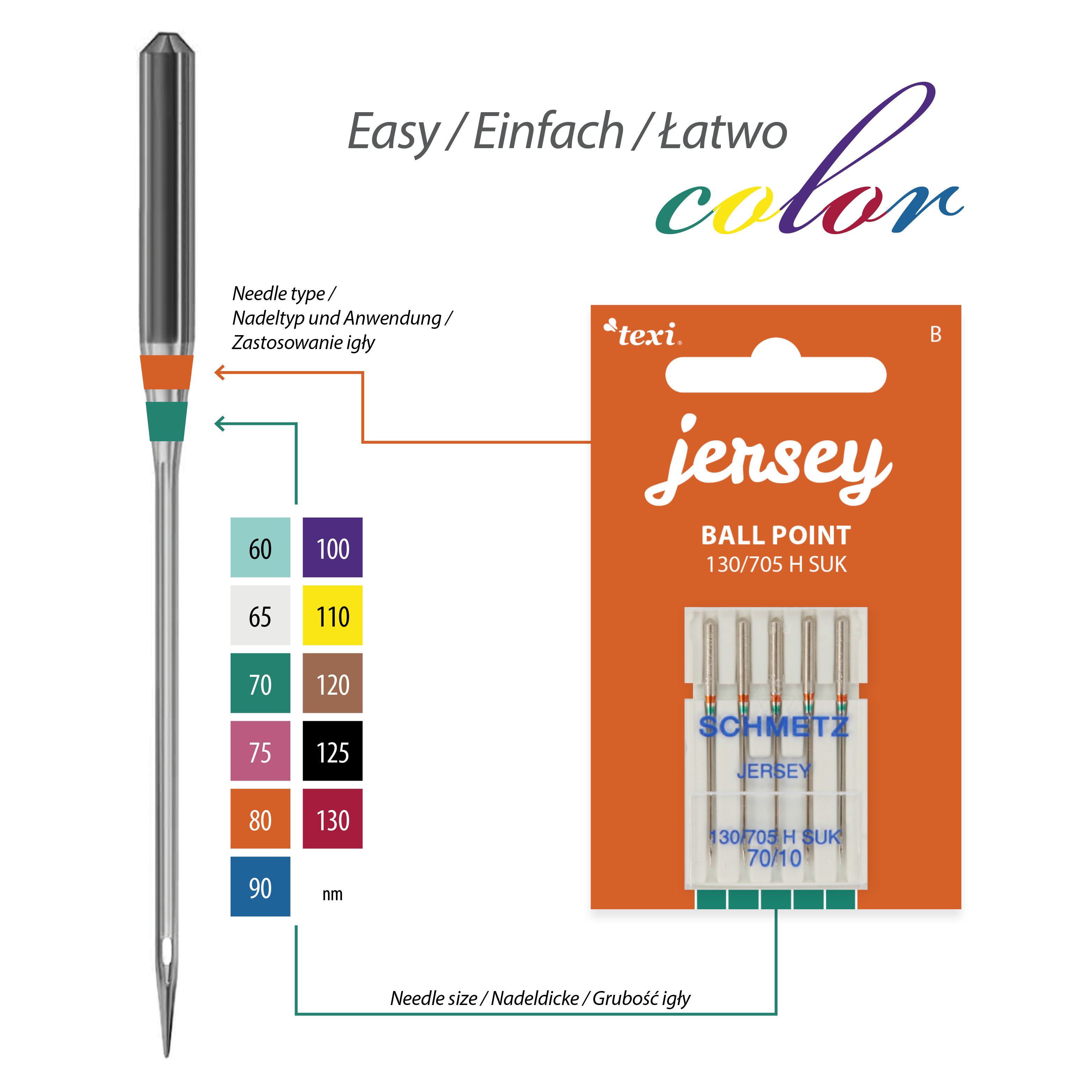 TEXI JERSEY 130/705 H SUK 5x70 - Ball point needles (medium ball) for household machines, 5 pcs, size 70 - 2 Ball point needles (medium ball) for household machines, 5 pcs, size 70