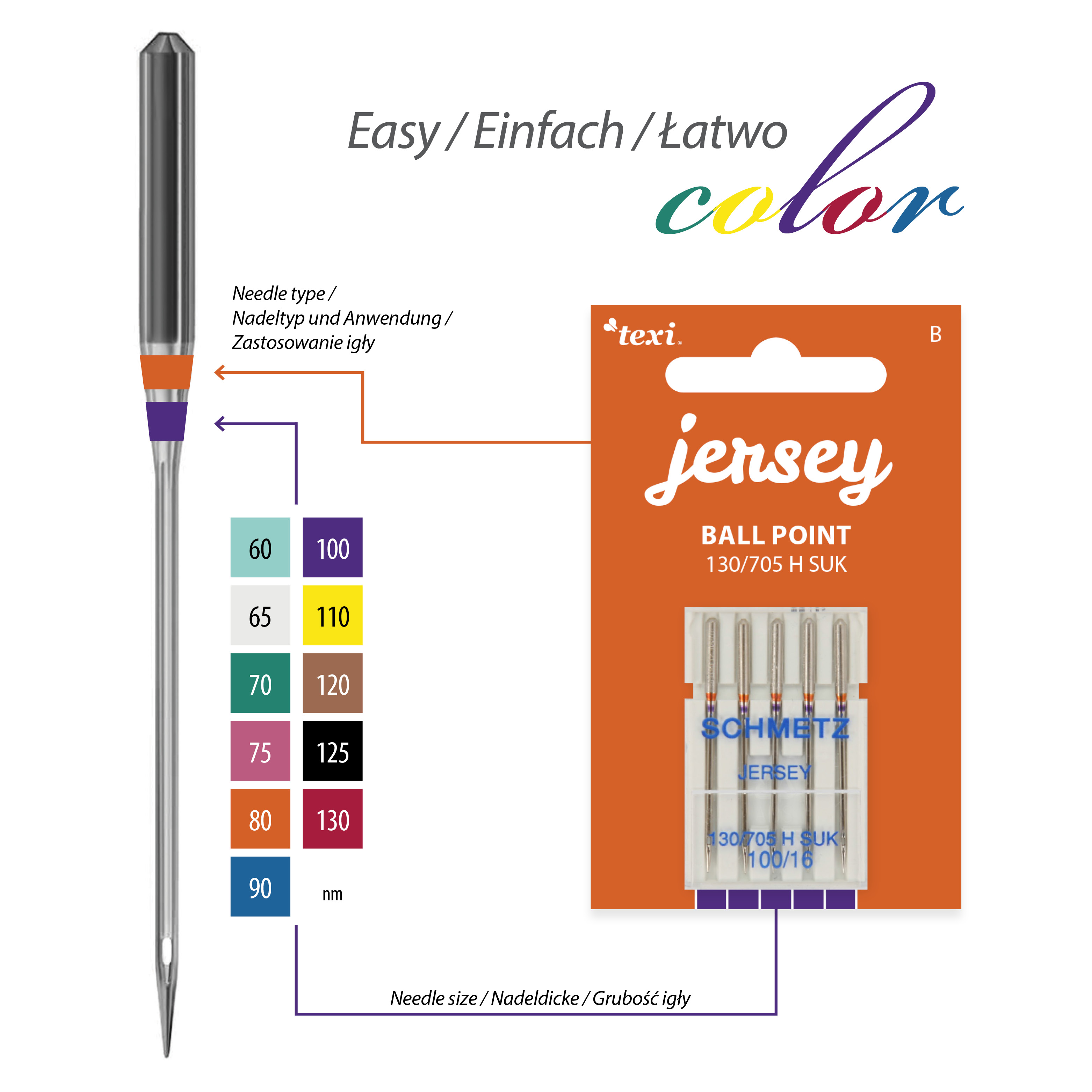 TEXI JERSEY 130/705 H SUK 5x100 - Ball point needles (medium ball) for household machines, 5 pcs, size 100 - 2 Ball point needles (medium ball) for household machines, 5 pcs, size 100