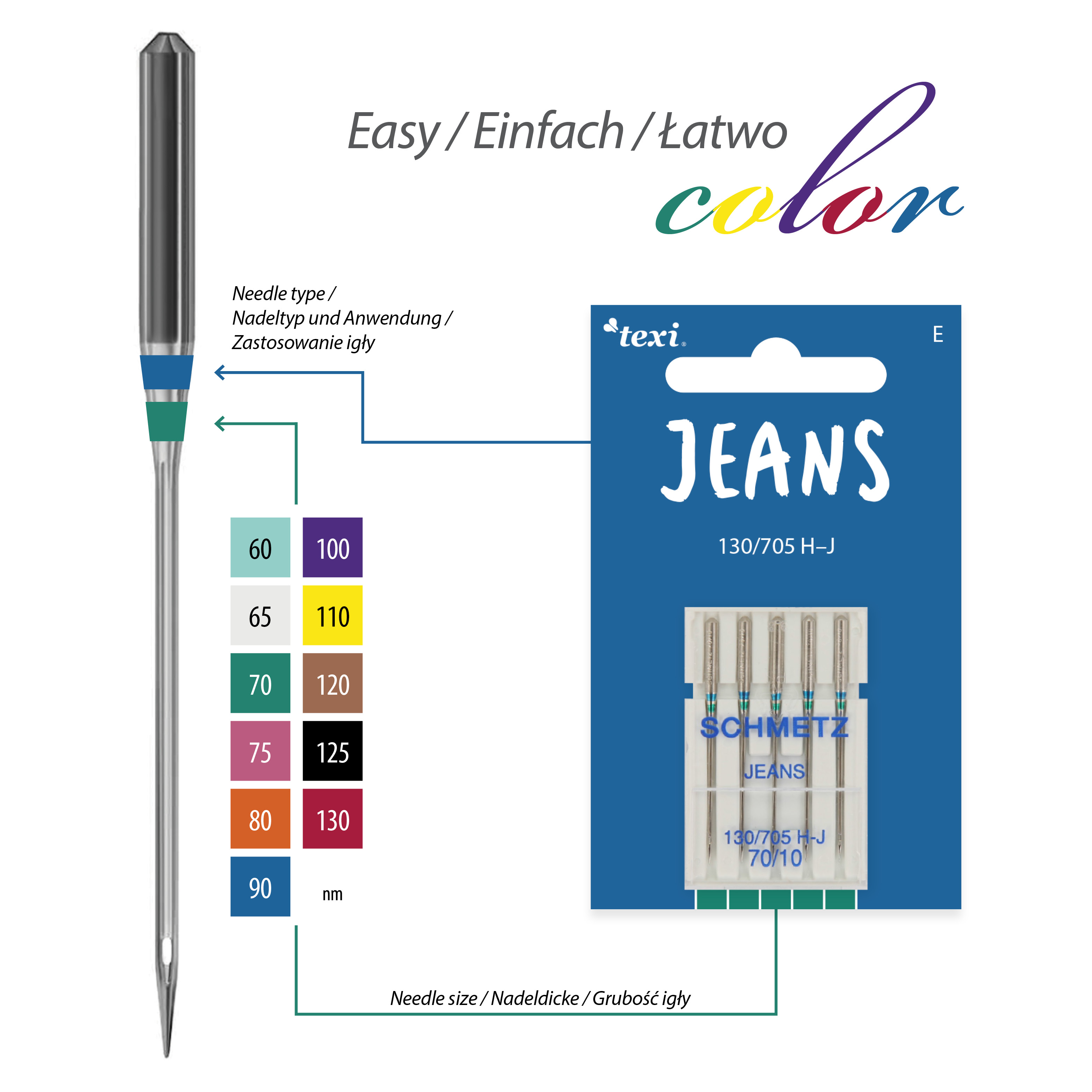 TEXI JEANS 130/705 H-J 5x70 - Jeans needles for household machines, 5 pcs, size 70 - 2 Jeans needles for household machines, 5 pcs, size 70