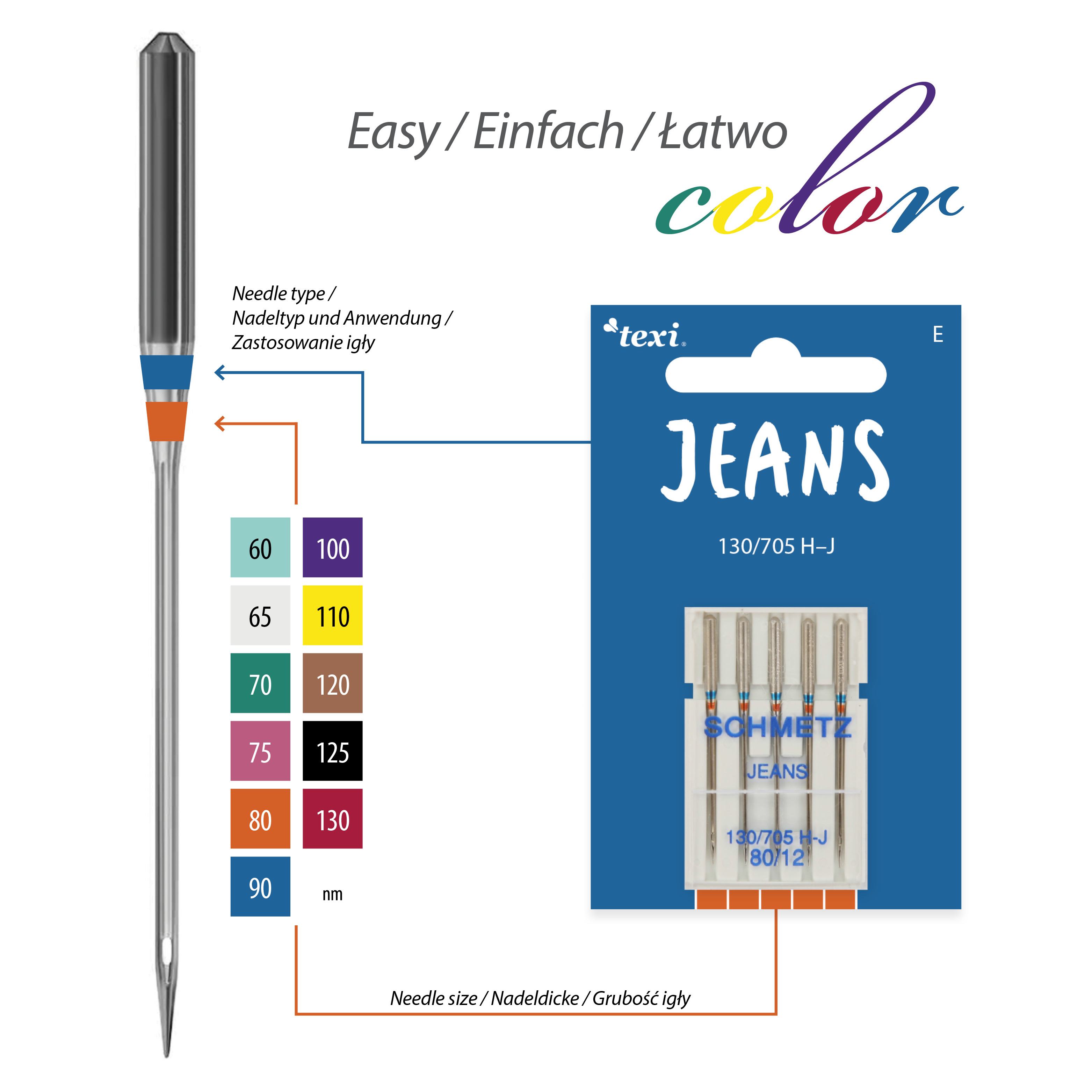 TEXI JEANS 130/705 H-J 5x80 - Jeans needles for household machines, 5 pcs, size 80 - 2 Jeans needles for household machines, 5 pcs, size 80