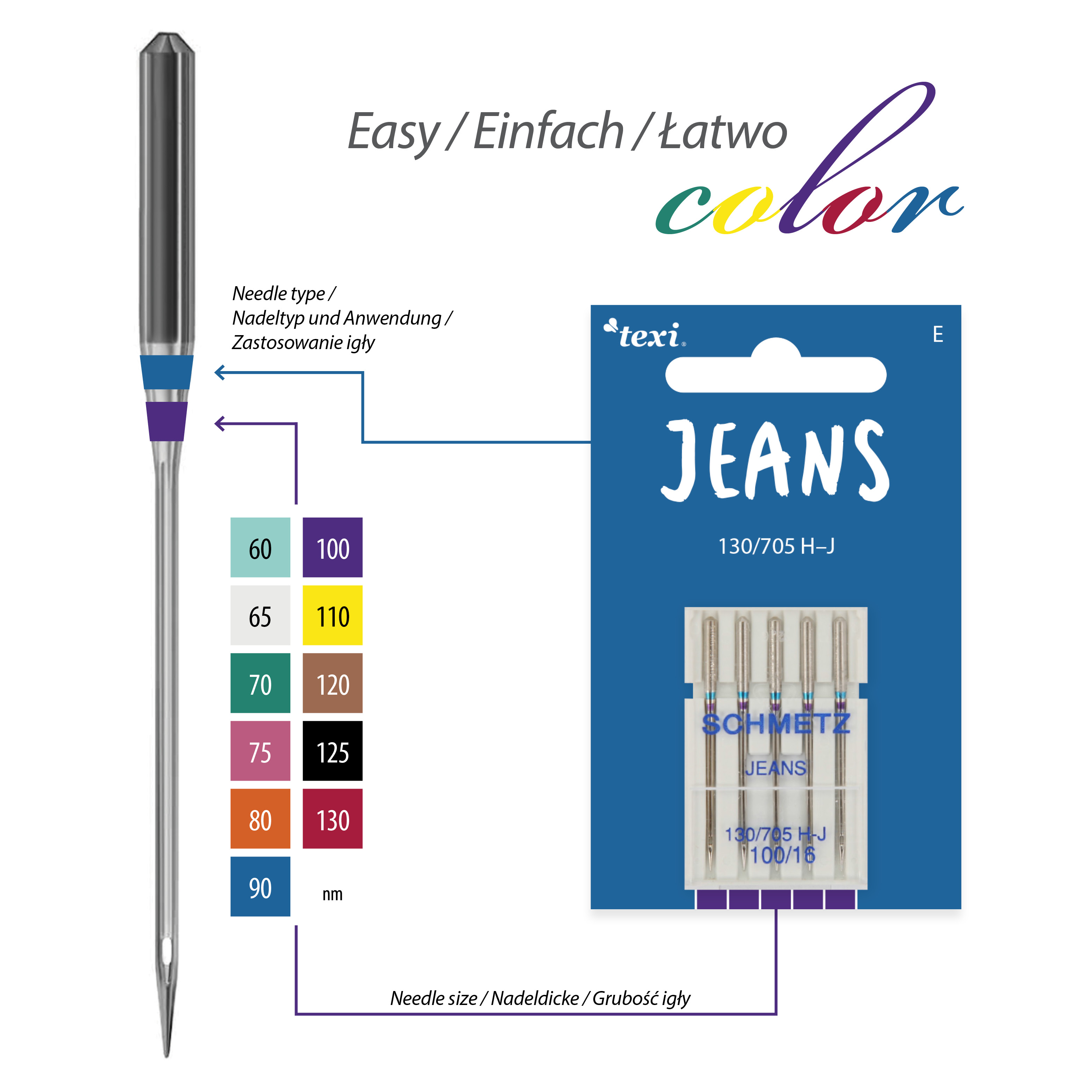 TEXI JEANS 130/705 H-J 5x100 - Jeans needles for household machines, 5 pcs, size 100 - 2 Jeans needles for household machines, 5 pcs, size 100