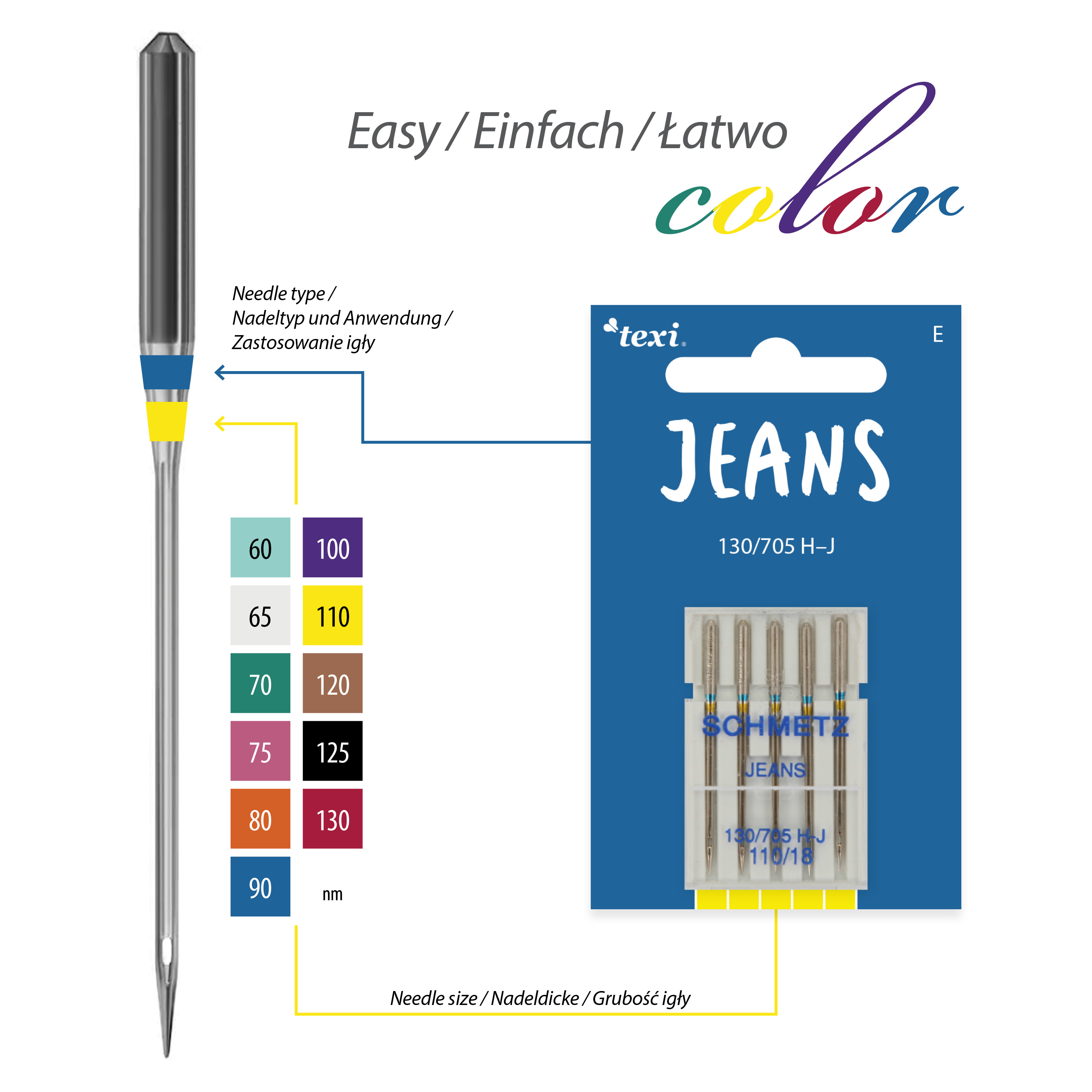 TEXI JEANS 130/705 H-J 5x110 - Jeans needles for household machines, 5 pcs, size 110 - 2 Jeans needles for household machines, 5 pcs, size 110