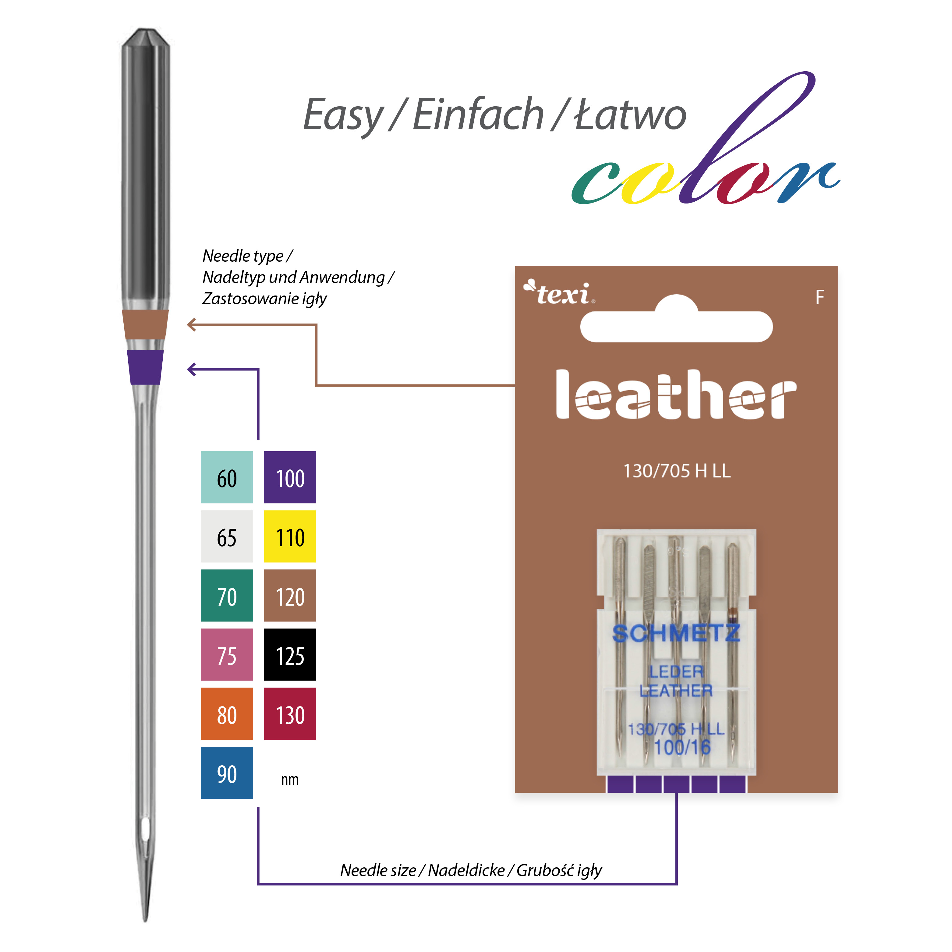 TEXI LEATHER 130/705 H LL 5x100 - Leather needles for household machines, 5 pcs, size 100 - 2 Leather needles for household machines, 5 pcs, size 100