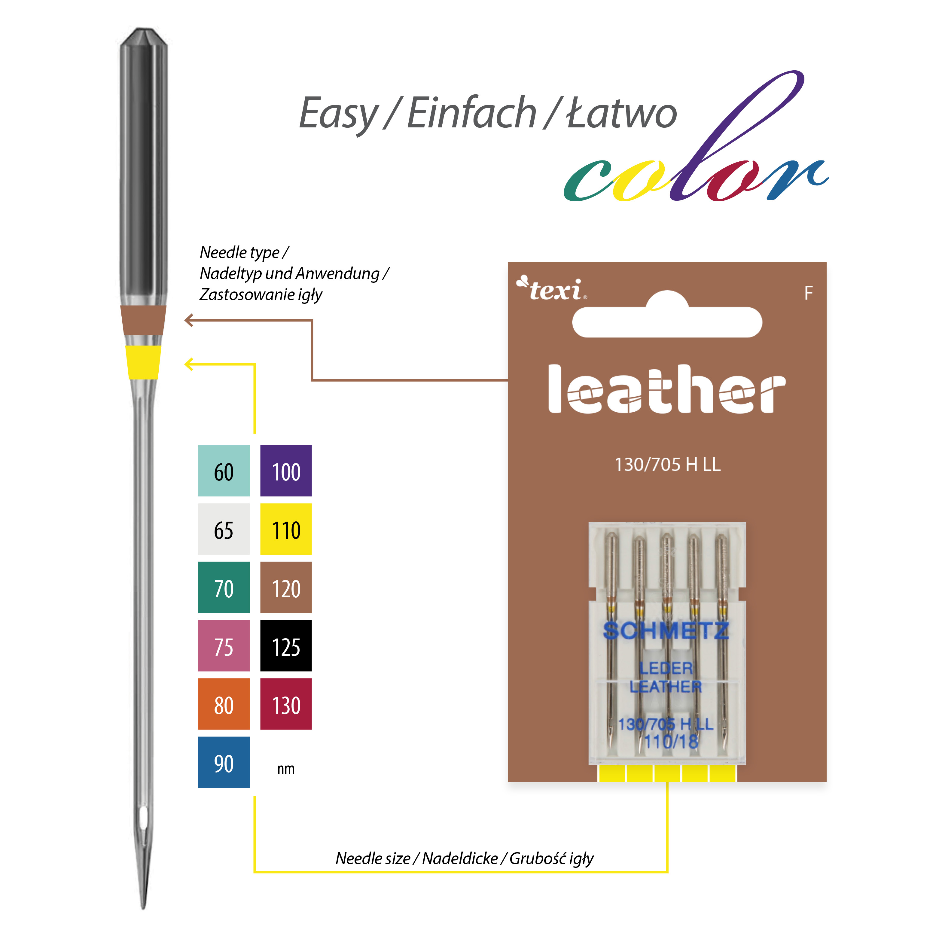 TEXI LEATHER 130/705 H LL 5x110 - Leather needles for household machines, 5 pcs, size 110 - 2 Leather needles for household machines, 5 pcs, size 110