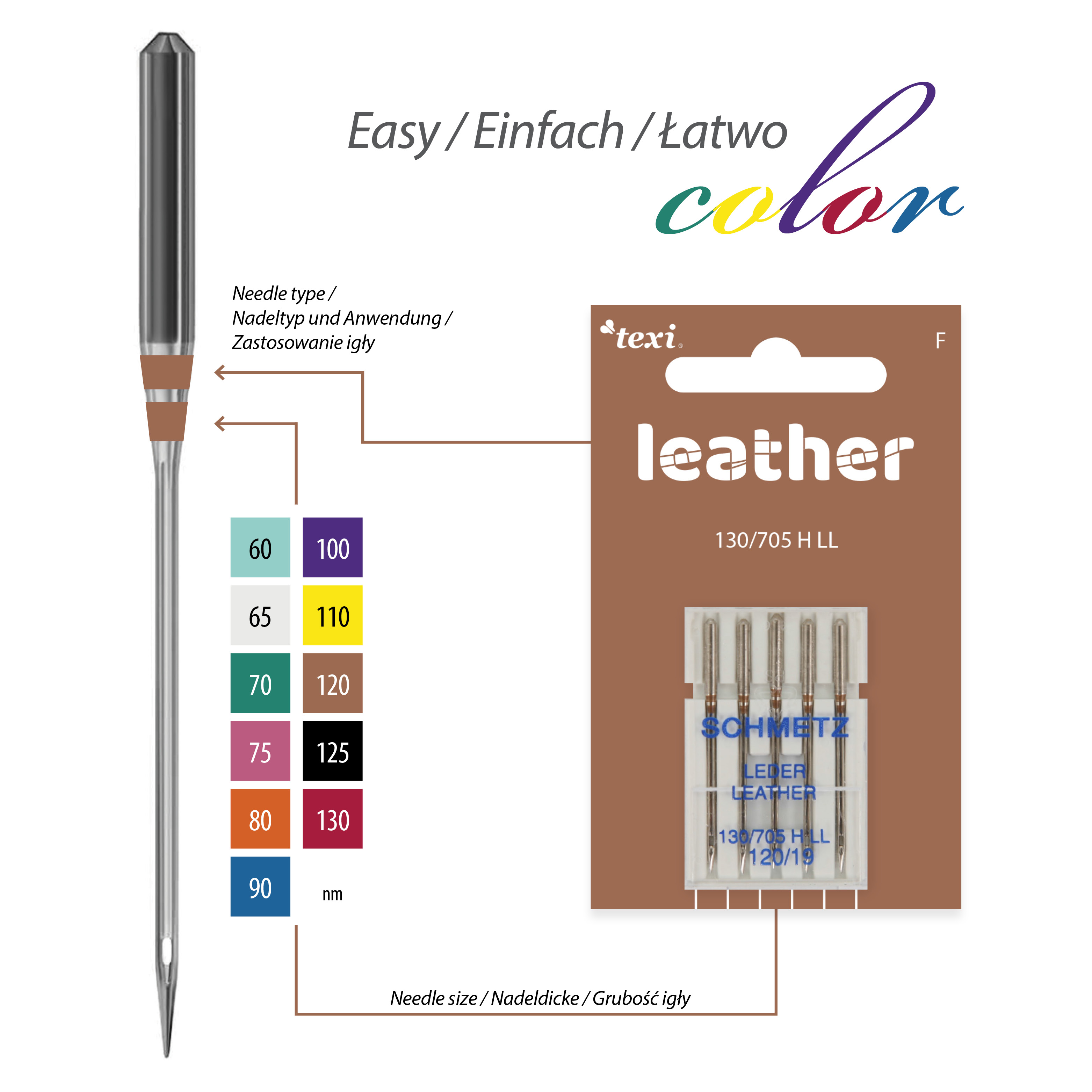 TEXI LEATHER 130/705 H LL 5x120 - Leather needles for household machines, 5 pcs, size 120 - 2 Leather needles for household machines, 5 pcs, size 120