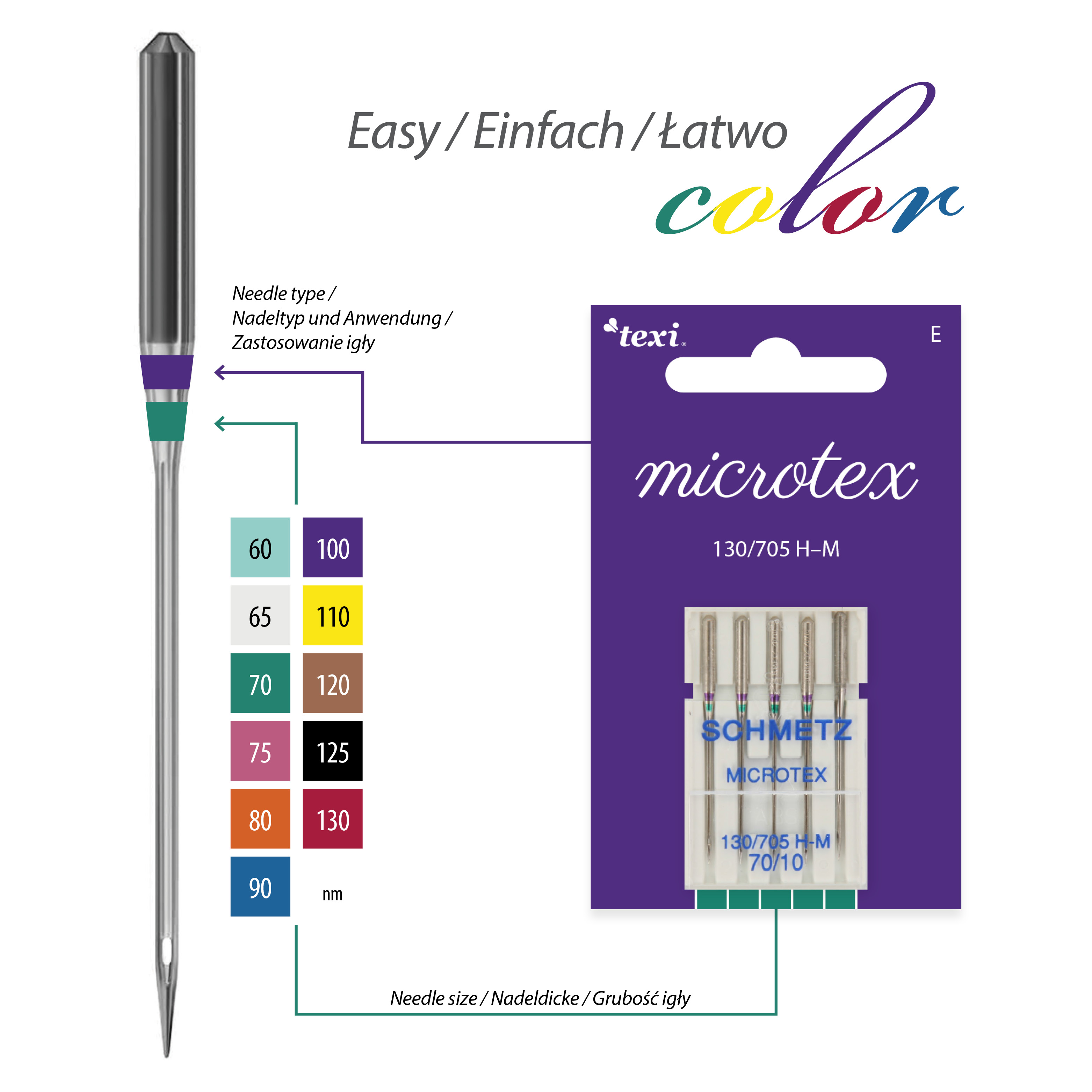 TEXI MICROTEX 130/705 H-M 5x70 - Microtex needles for household machines, 5 pcs, size 70 - 2 Microtex needles for household machines, 5 pcs, size 70