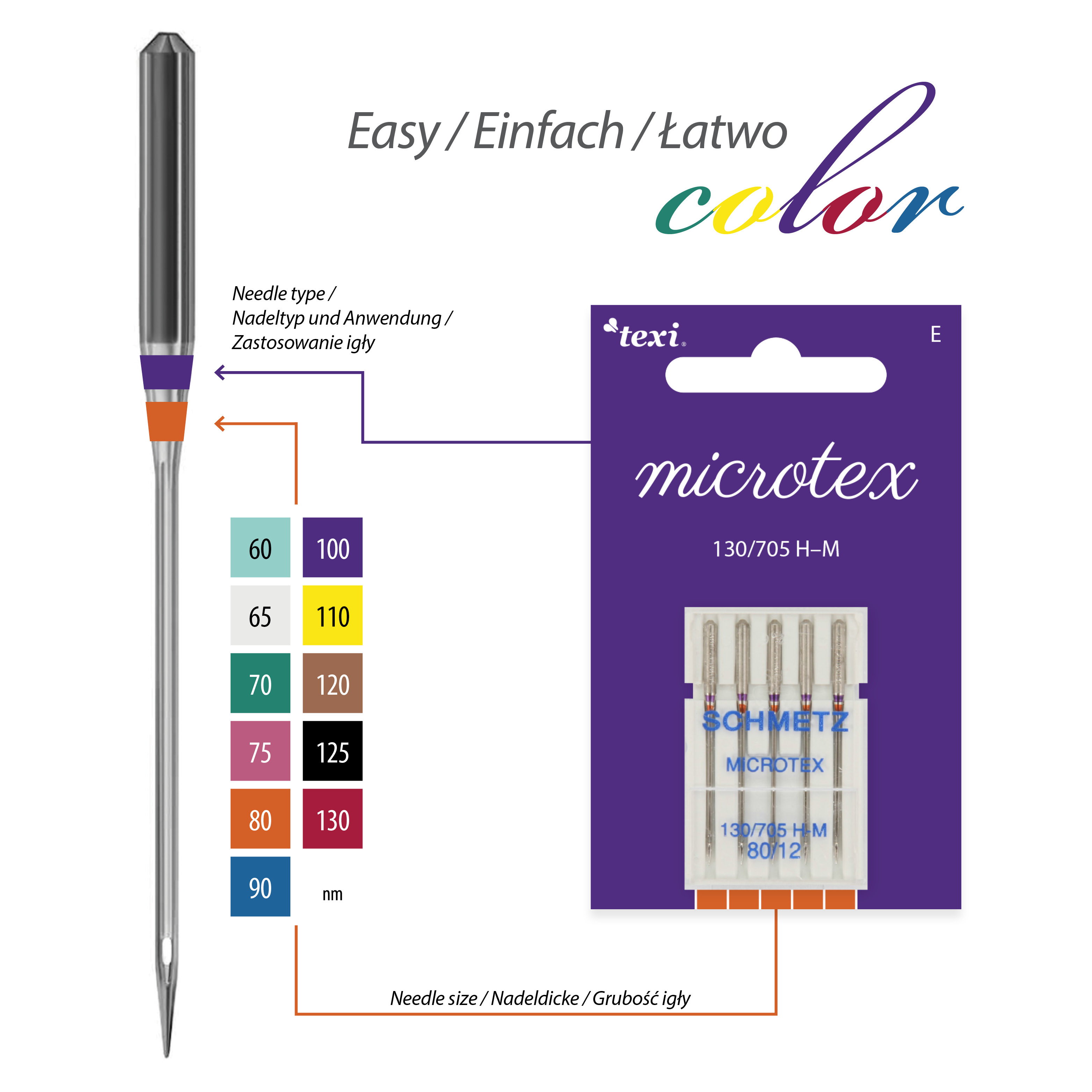 TEXI MICROTEX 130/705 H-M 5x80 - Microtex needles for household machines, 5 pcs, size 80 - 2 Microtex needles for household machines, 5 pcs, size 80