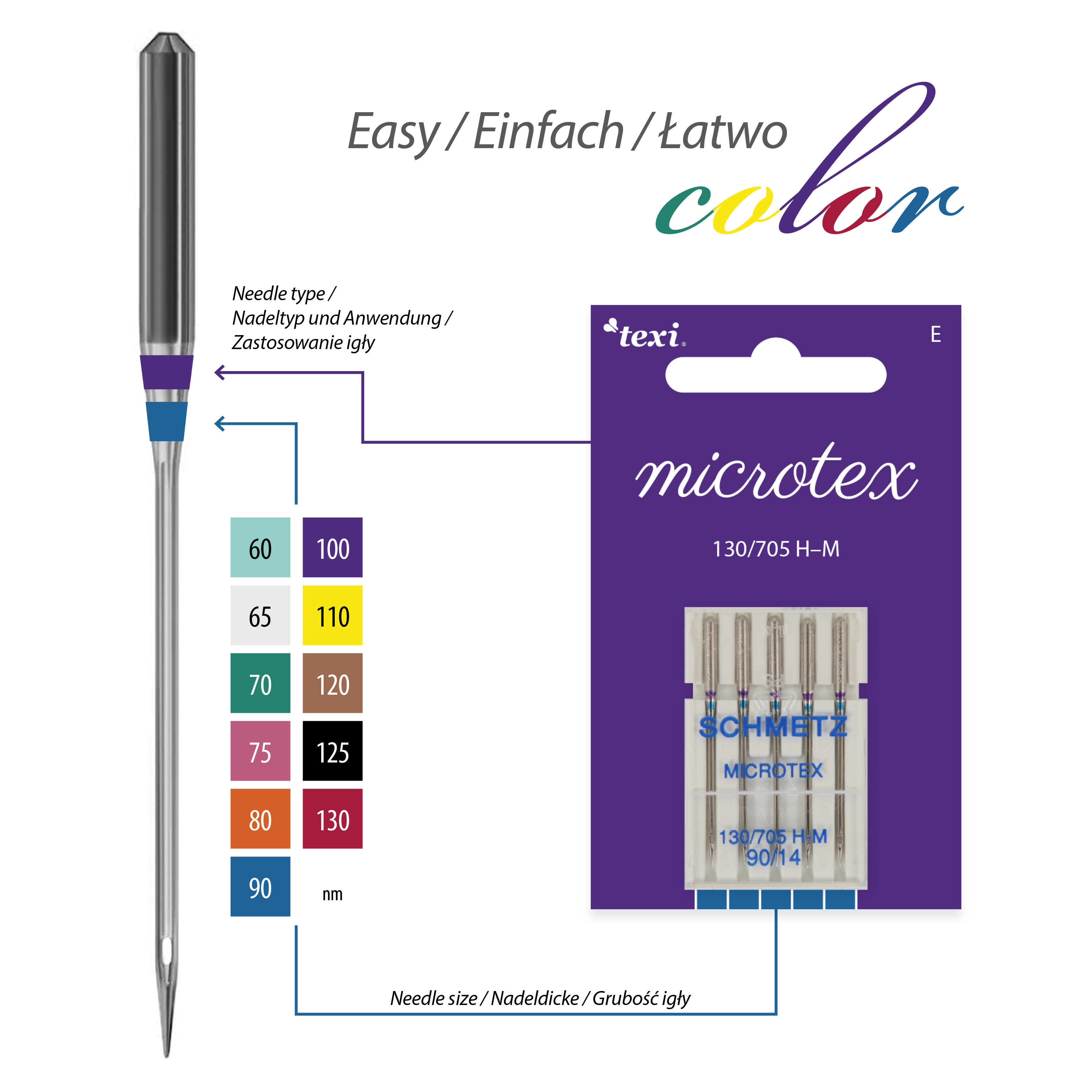 TEXI MICROTEX 130/705 H-M 5x90 - Microtex needles for household machines, 5 pcs, size 90 - 2 Microtex needles for household machines, 5 pcs, size 90