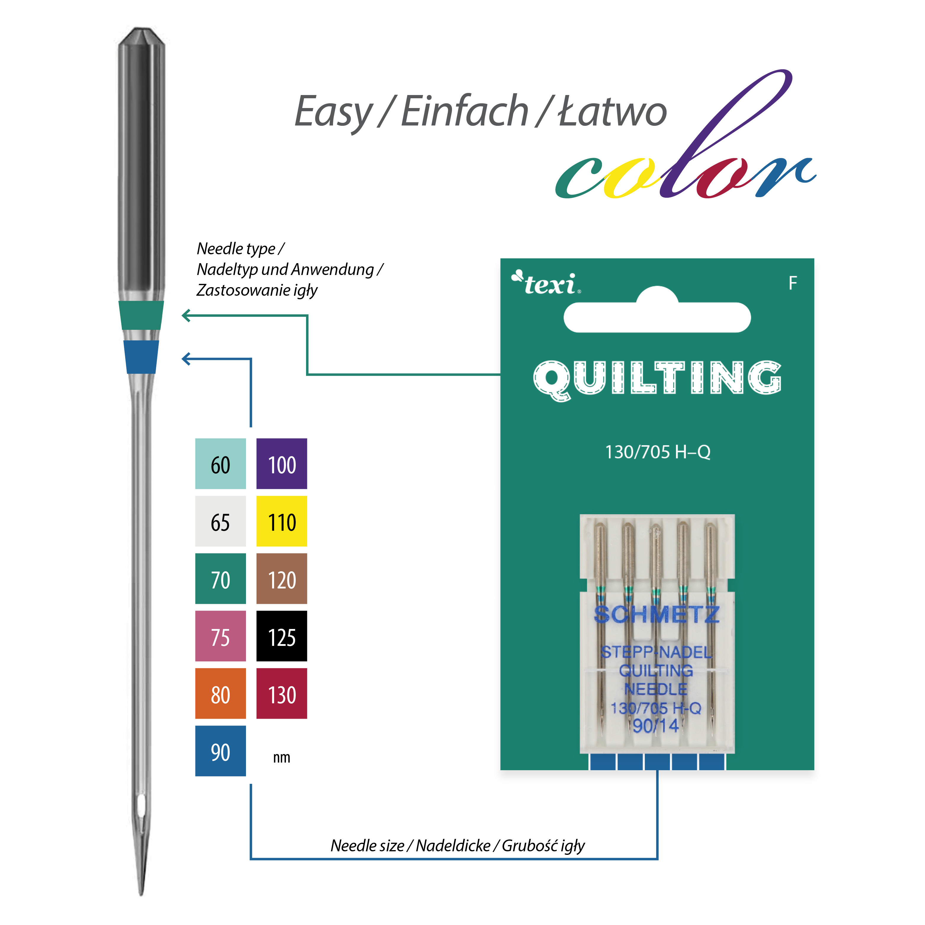 TEXI QUILTING 130/705 H-Q 5x90 - Quilting needles for household machines, 5 pcs, size 90 - 2 Quilting needles for household machines, 5 pcs, size 90