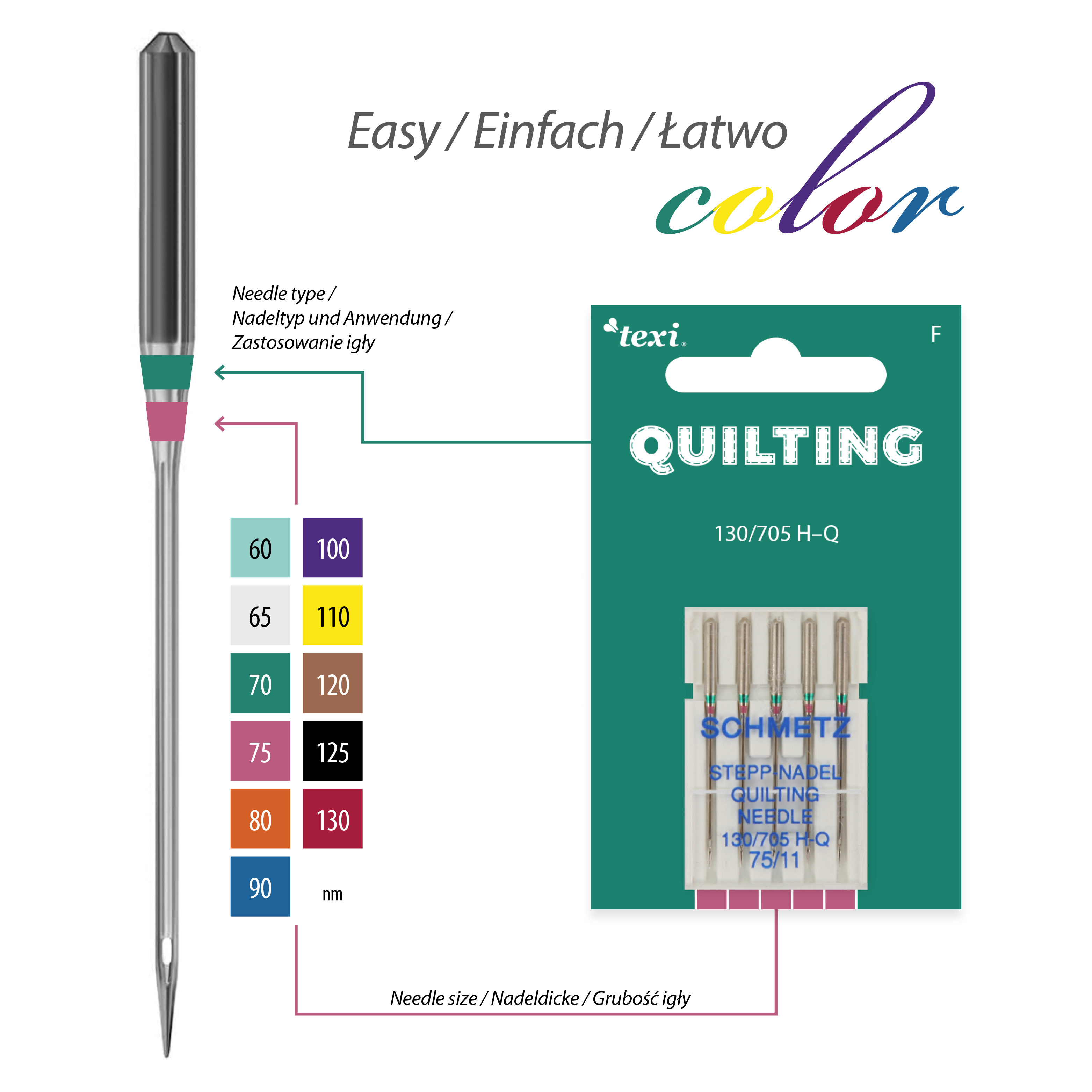 TEXI QUILTING 130/705 H-Q 5x75 - Quilting needles for household machines, 5 pcs, size 75 - 2 Quilting needles for household machines, 5 pcs, size 75