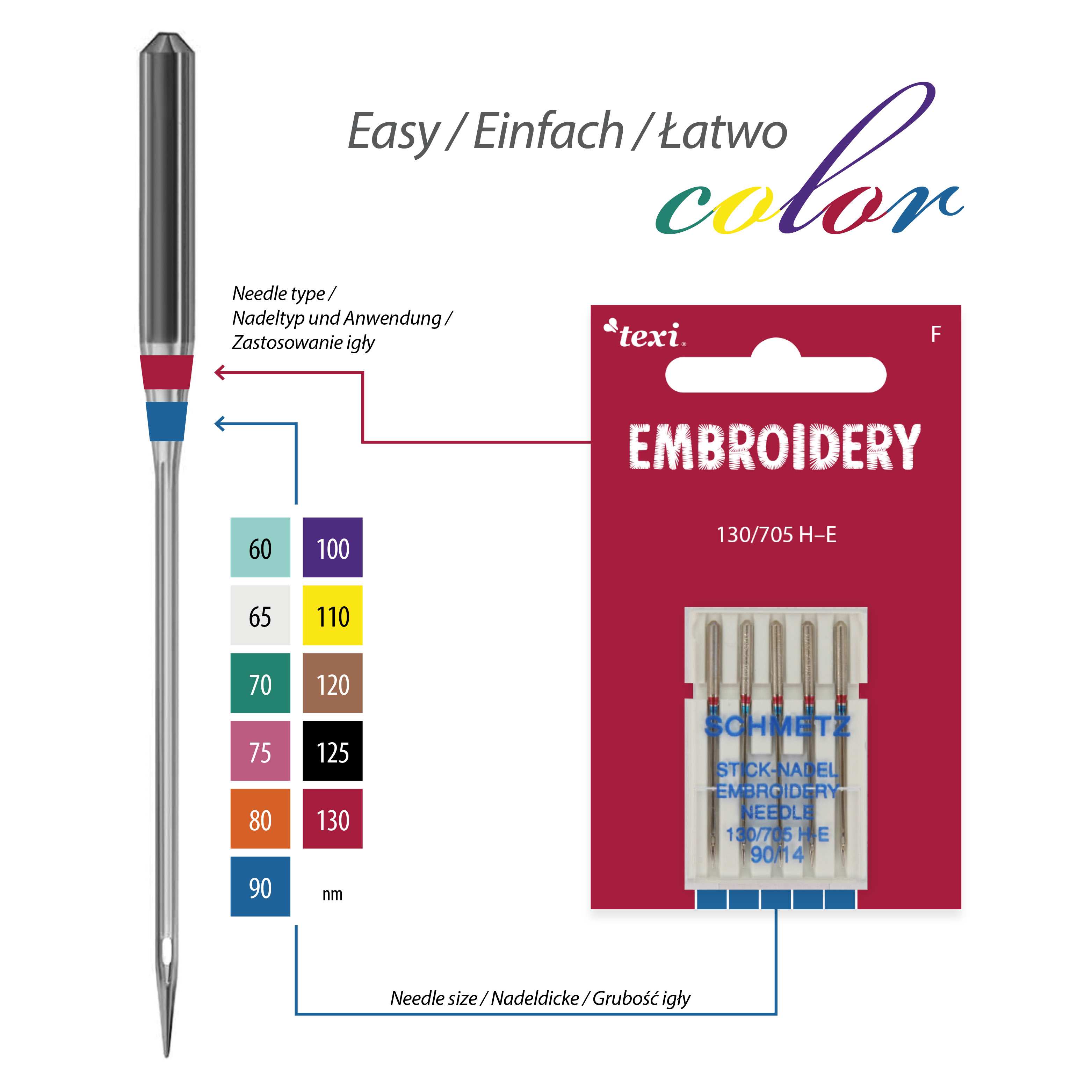 TEXI EMBROIDERY 130/705 H-E 5x90 - Embroidery needles for household machines, 5 pcs, size 90 - 2 Embroidery needles for household machines, 5 pcs, size 90
