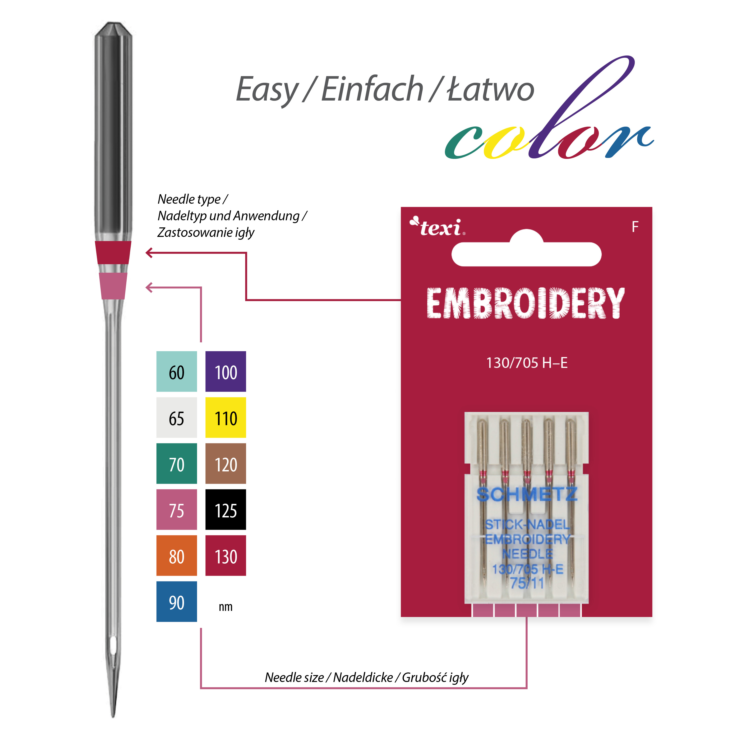 TEXI EMBROIDERY 130/705 H-E 5x75 - Embroidery needles for household machines, 5 pcs, size 75 - 2 Embroidery needles for household machines, 5 pcs, size 75