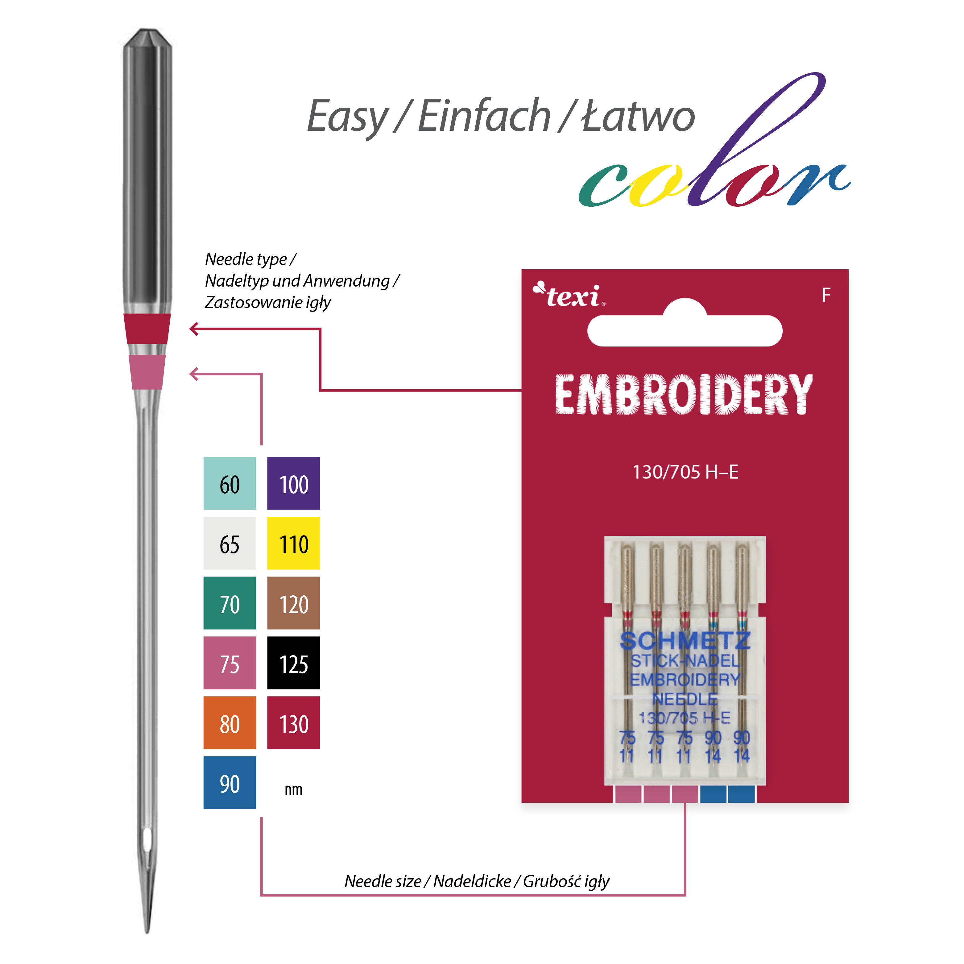 TEXI EMBROIDERY 130/705 H-E 3x75, 2x90 - Embroidery needles for household machines, 5 pcs, size 75x3, 90x2 - 2 Embroidery needles for household machines, 5 pcs, size 75x3, 90x2