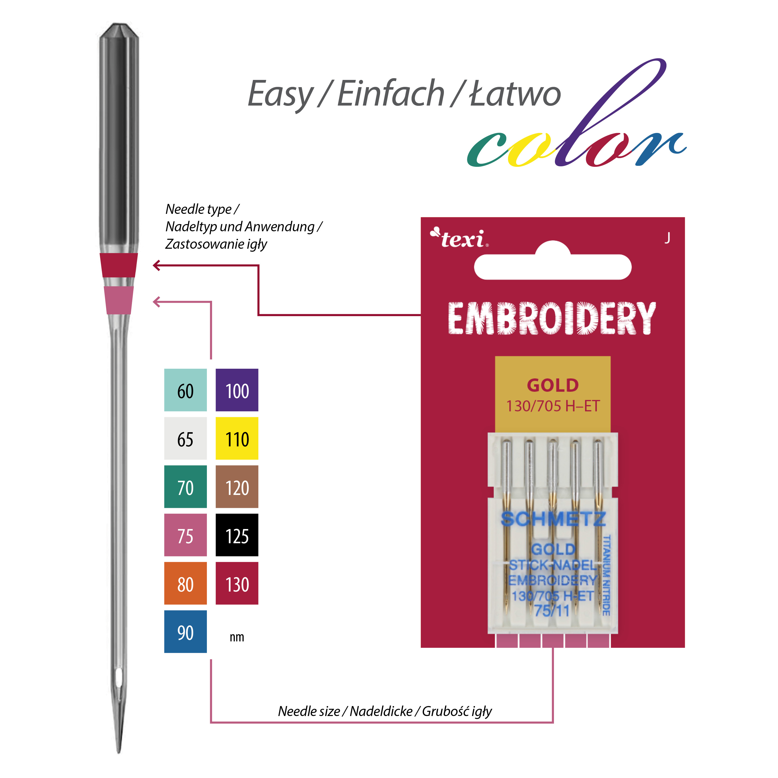 TEXI EMBROIDERY GOLD 130/705 H-ET 5x75 - Embroidery gold needles for household machines, 5 pcs, size 75 - 2 Embroidery gold needles for household machines, 5 pcs, size 75
