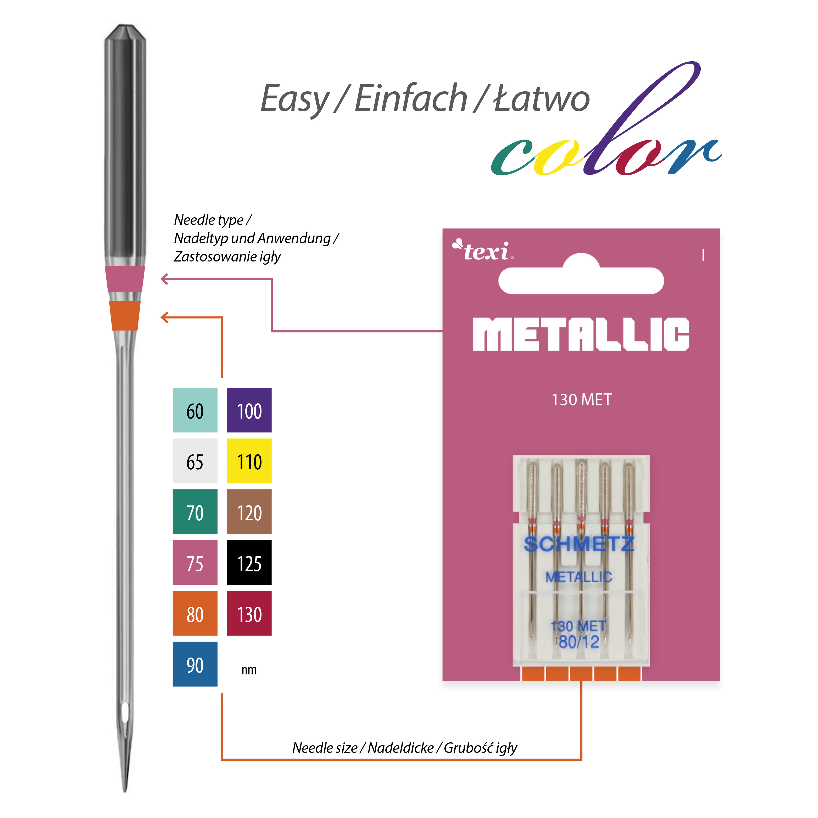 TEXI METALLIC 130 MET 5x80 - Metallic needles for household machines, 5 pcs, size 80 - 2 Metallic needles for household machines, 5 pcs, size 80