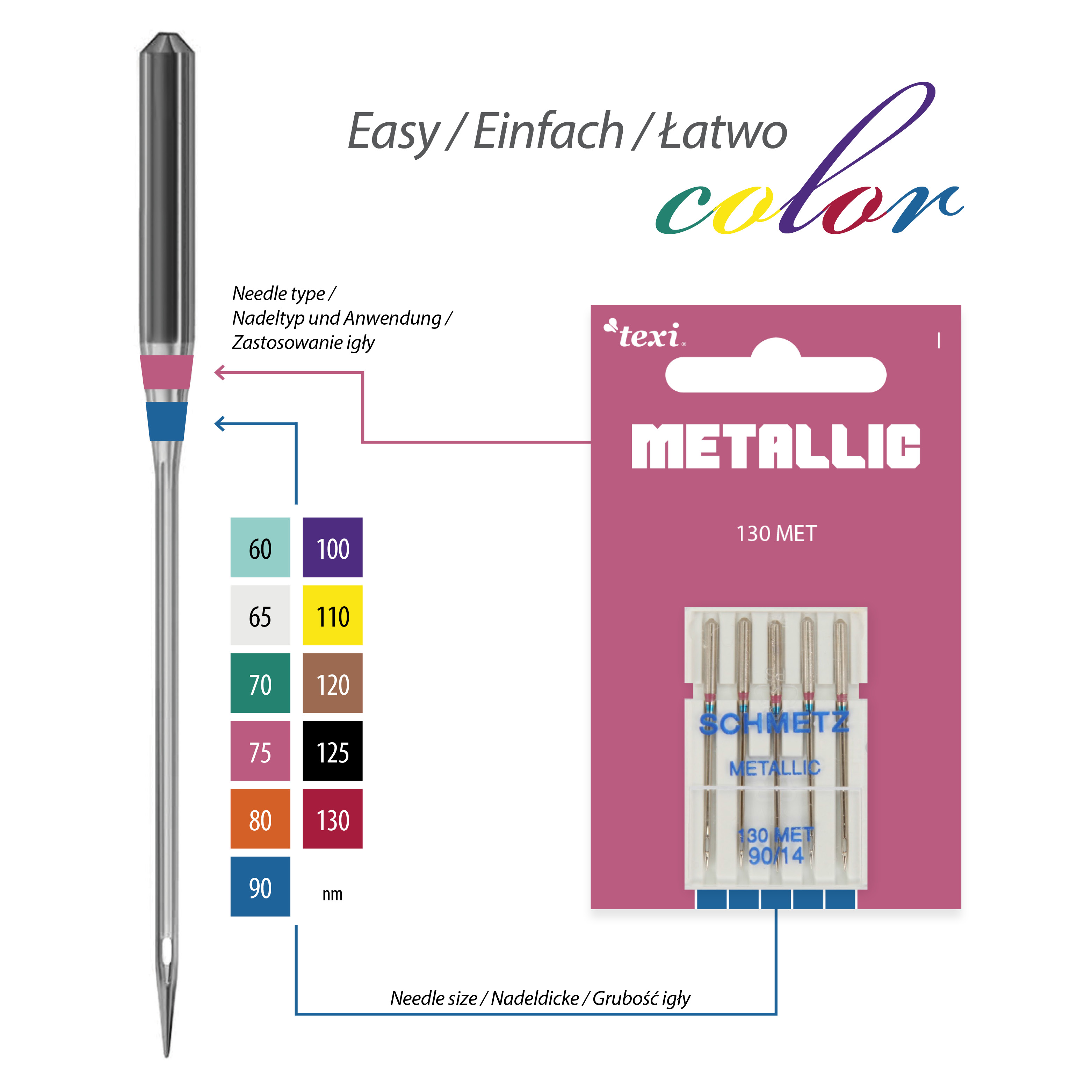 TEXI METALLIC 130 MET 5x90 - Metallic needles for household machines, 5 pcs, size 90 - 2 Metallic needles for household machines, 5 pcs, size 90