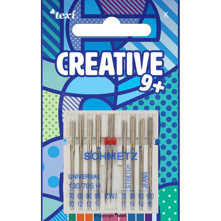 TEXI CREATIVE 9+ - Needles for household machines MIX, 9 pcs, 130/705H 70x1, 80x2, 90x1, 130/705 H-J 90x1, 100x1, 130/705 H-S 75x1, 90x1, 130/705 H ZWI NE2,0 80x1 - 2 Needles for household machines MIX, 9 pcs, 130/705H 70x1, 80x2, 90x1, 130/705 H-J 90x1, 100x1, 130/705 H-S 75x1, 90x1, 130/705 H ZWI NE2,0 80x1