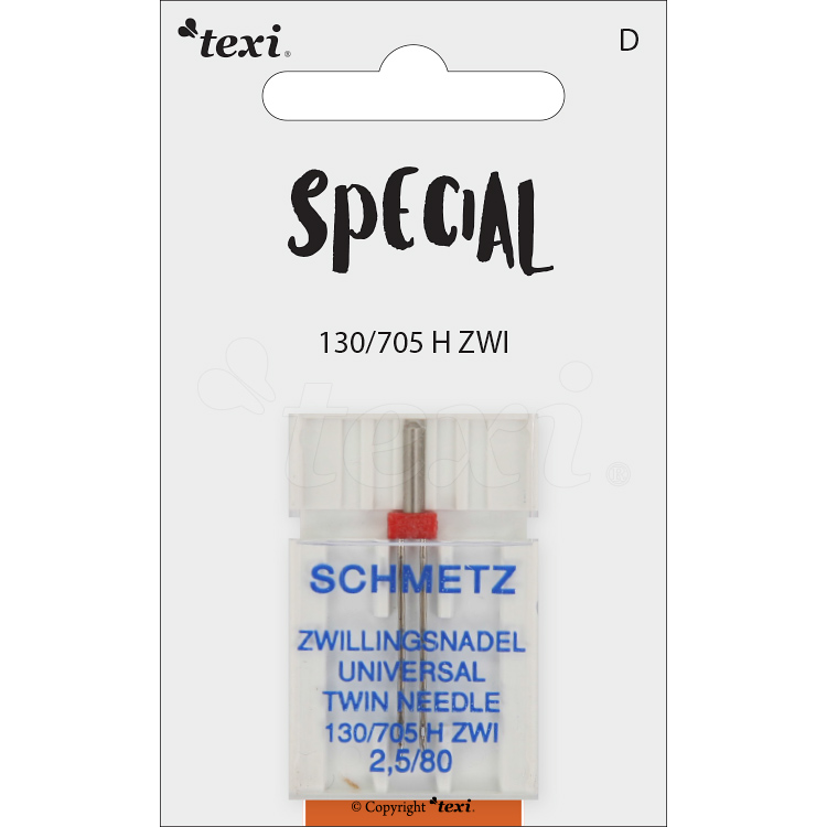 TEXI UNI TWIN 130/705 H ZWI NE 2,5 80 - Twin needle for decorative stitch for household machines, pair, size 80, distance 2,5 mm - 1 Twin needle for decorative stitch for household machines, pair, size 80, distance 2,5 mm