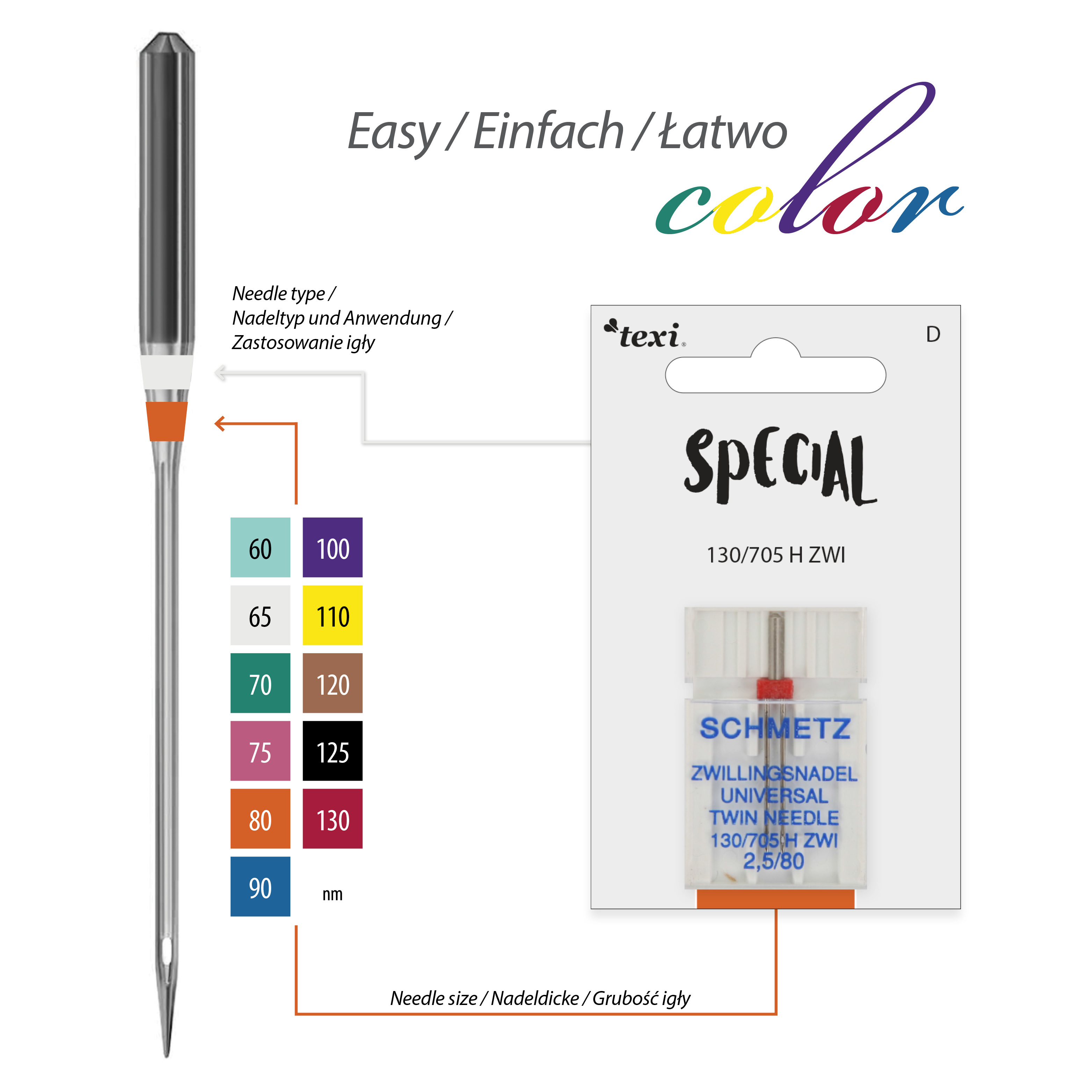 TEXI UNI TWIN 130/705 H ZWI NE 2,5 80 - Twin needle for decorative stitch for household machines, pair, size 80, distance 2,5 mm - 2 Twin needle for decorative stitch for household machines, pair, size 80, distance 2,5 mm