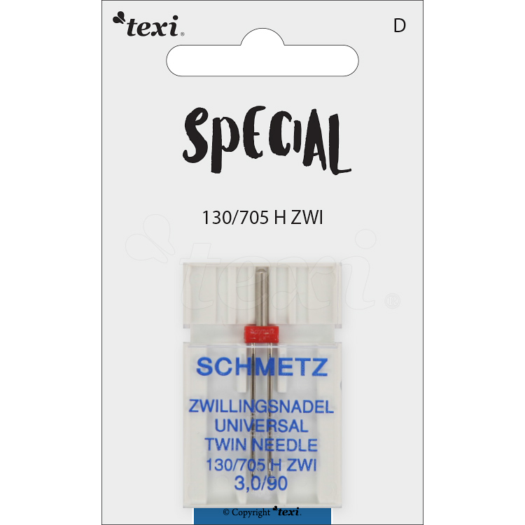 TEXI UNI TWIN 130/705 H ZWI NE 3,0 90 - Twin needle for decorative stitch for household machines, pair, size 90, distance 3,0 mm - 1 Twin needle for decorative stitch for household machines, pair, size 90, distance 3,0 mm