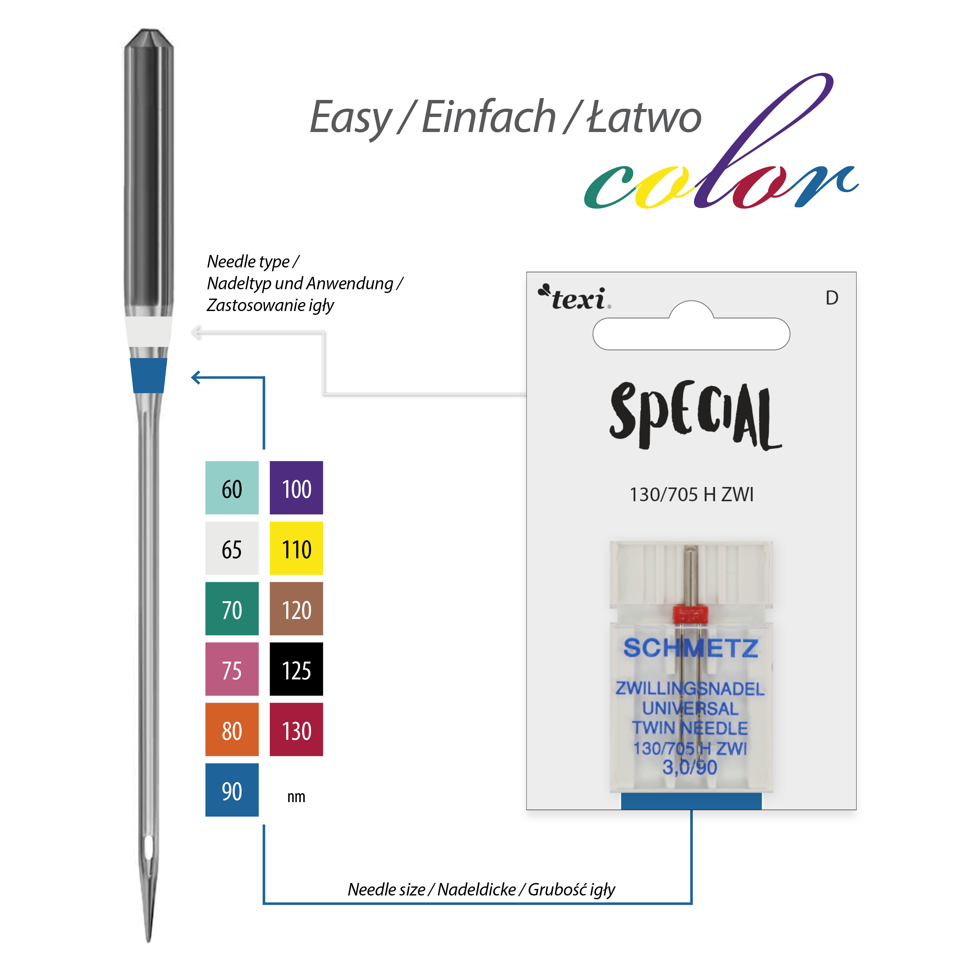 TEXI UNI TWIN 130/705 H ZWI NE 3,0 90 - Twin needle for decorative stitch for household machines, pair, size 90, distance 3,0 mm - 2 Twin needle for decorative stitch for household machines, pair, size 90, distance 3,0 mm