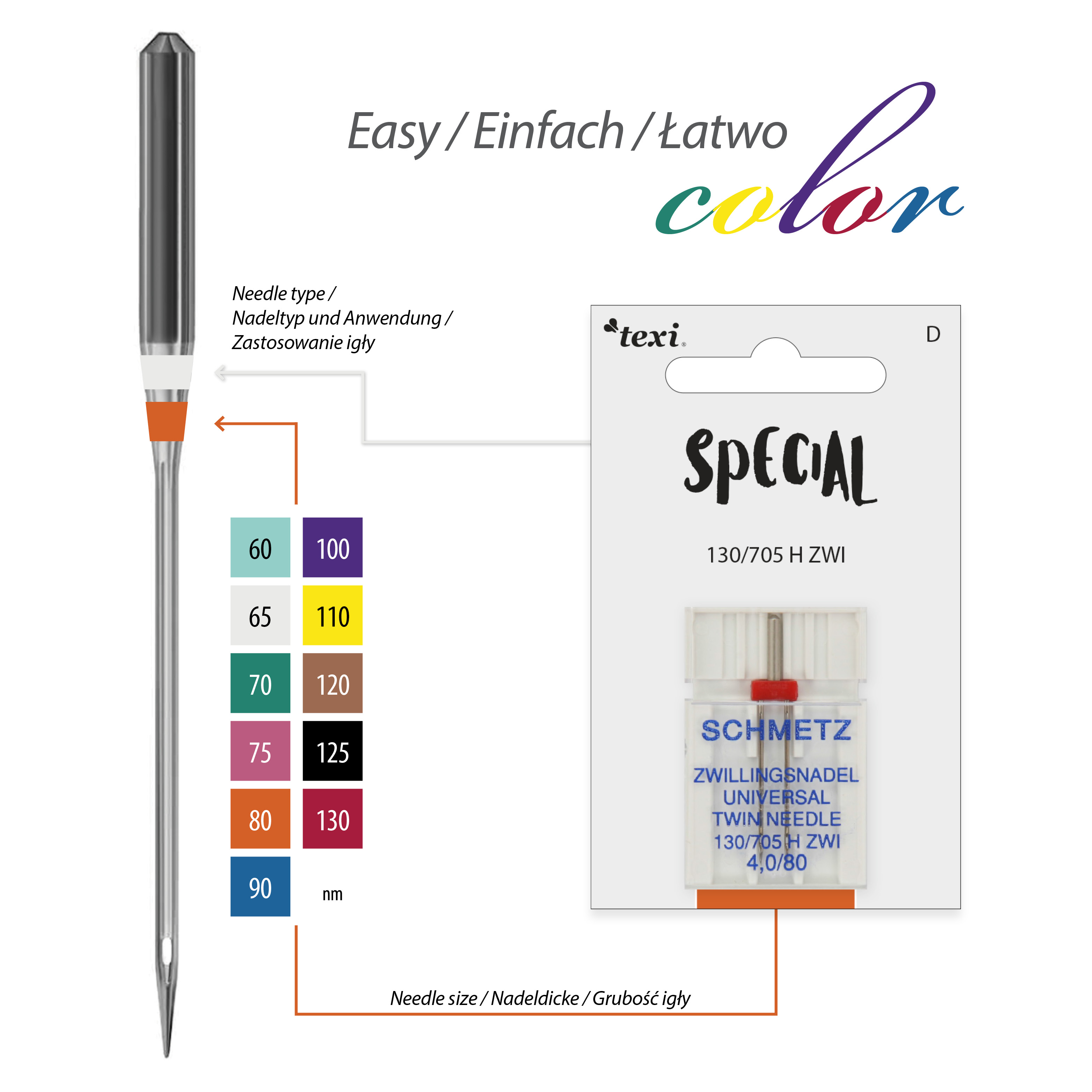 TEXI UNI TWIN 130/705 H ZWI NE 4,0 80 - Twin needle for decorative stitch for household machines, pair, size 80, distance 4,0 mm - 2 Twin needle for decorative stitch for household machines, pair, size 80, distance 4,0 mm