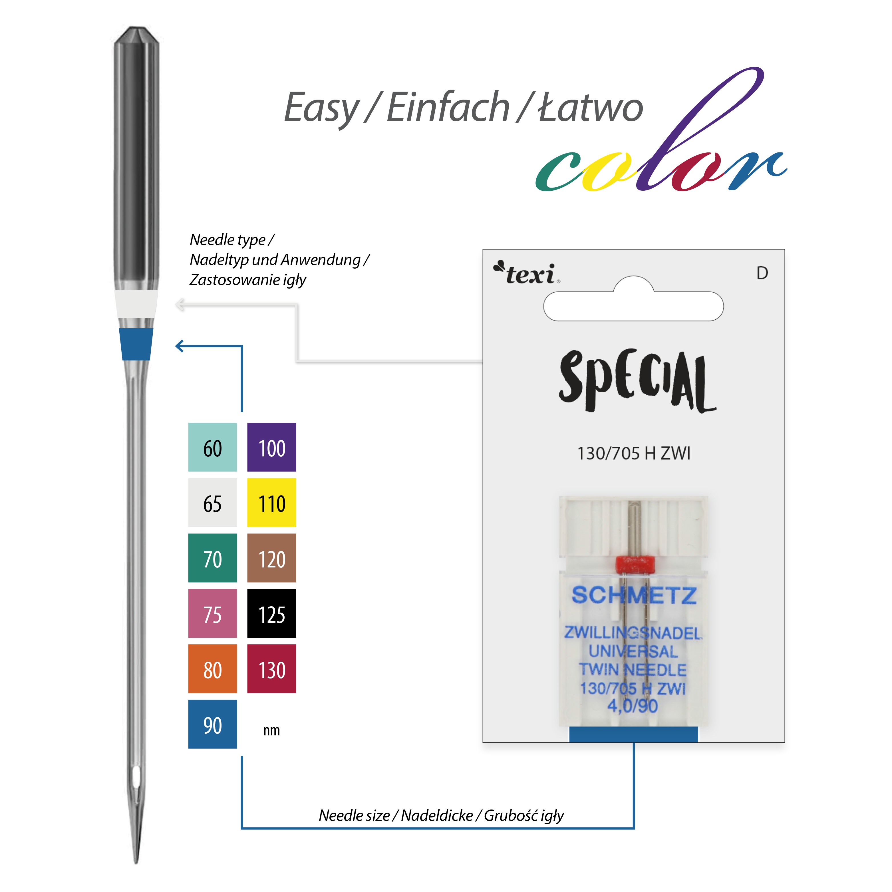 TEXI UNI TWIN 130/705 H ZWI NE 4,0-90 - Twin needle for decorative stitch for household machines, pair, size 90, distance 4,0 mm - 2 Twin needle for decorative stitch for household machines, pair, size 90, distance 4,0 mm