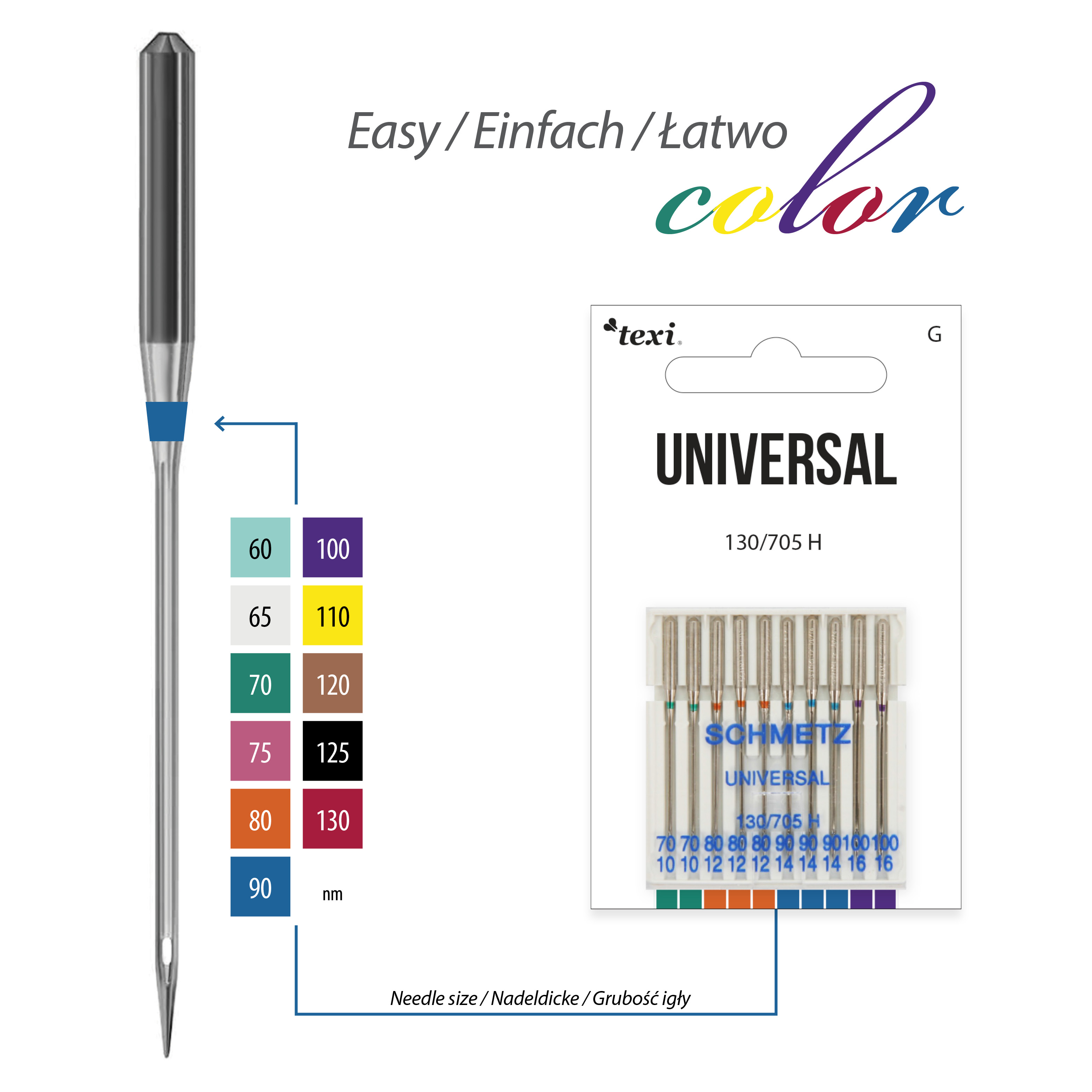 TEXI UNI 130/705 H 2x70 3x80 3x90 2x100 - Universal needles for household machines, 10pcs, size 70x2, 80x3, 90x3, 100x2 - 2 Universal needles for household machines, 10pcs, size 70x2, 80x3, 90x3, 100x2