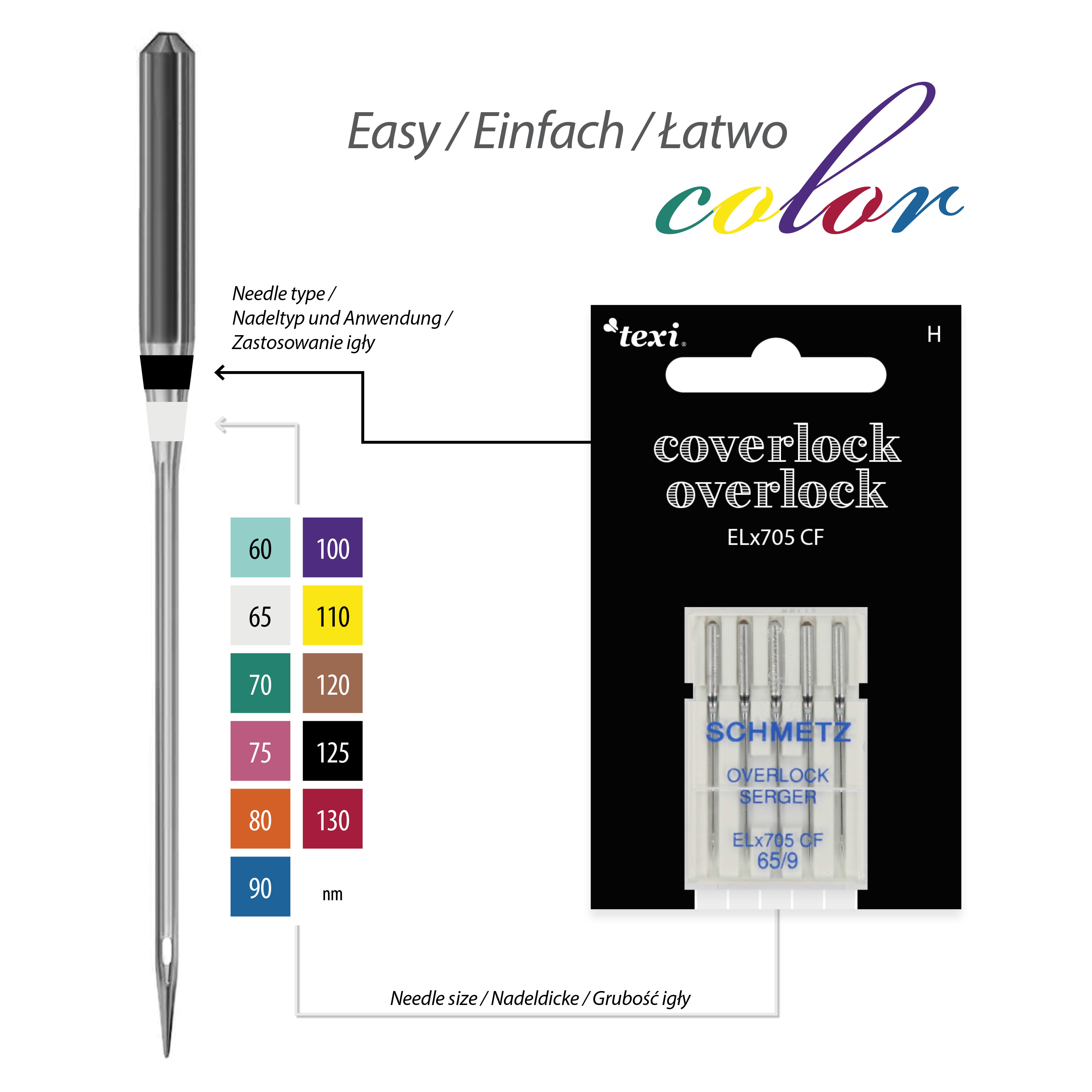 TEXI OVERLOCK/COVERLOCK ELX705 CF 5X65 - Needles for overlock/coverlock household machines, 5 pcs, size 65 - 2 Needles for overlock/coverlock household machines, 5 pcs, size 65