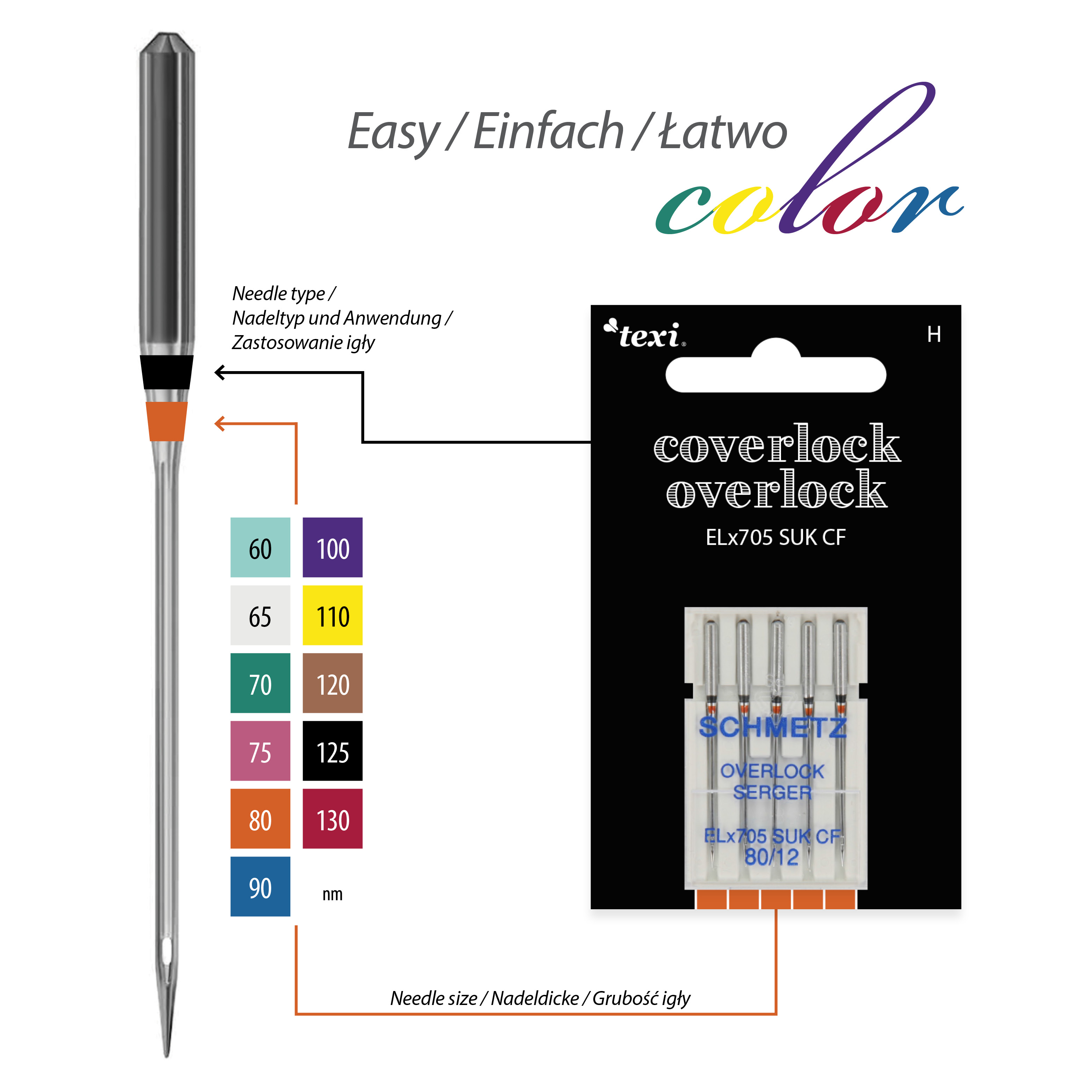 TEXI OVER/COVER ELX705 SUK CF 5X80 - Needles for overlock/coverlock household machines, 5 pcs, size 80 - 2 Needles for overlock/coverlock household machines, 5 pcs, size 80