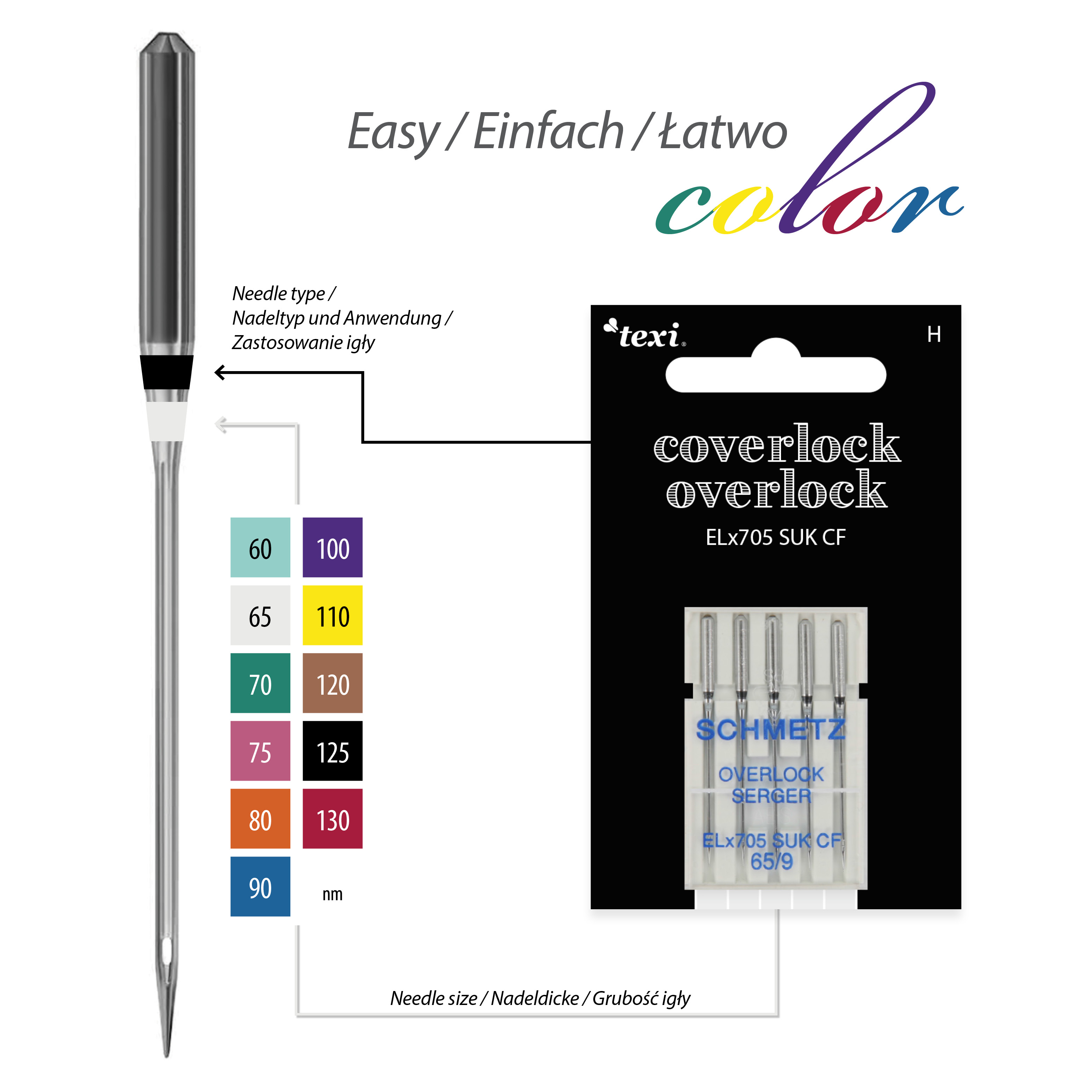 TEXI OVER/COVER ELX705 SUK CF 5X65 - Needles for overlock/coverlock household machines, 5 pcs, size 65 - 2 Needles for overlock/coverlock household machines, 5 pcs, size 65