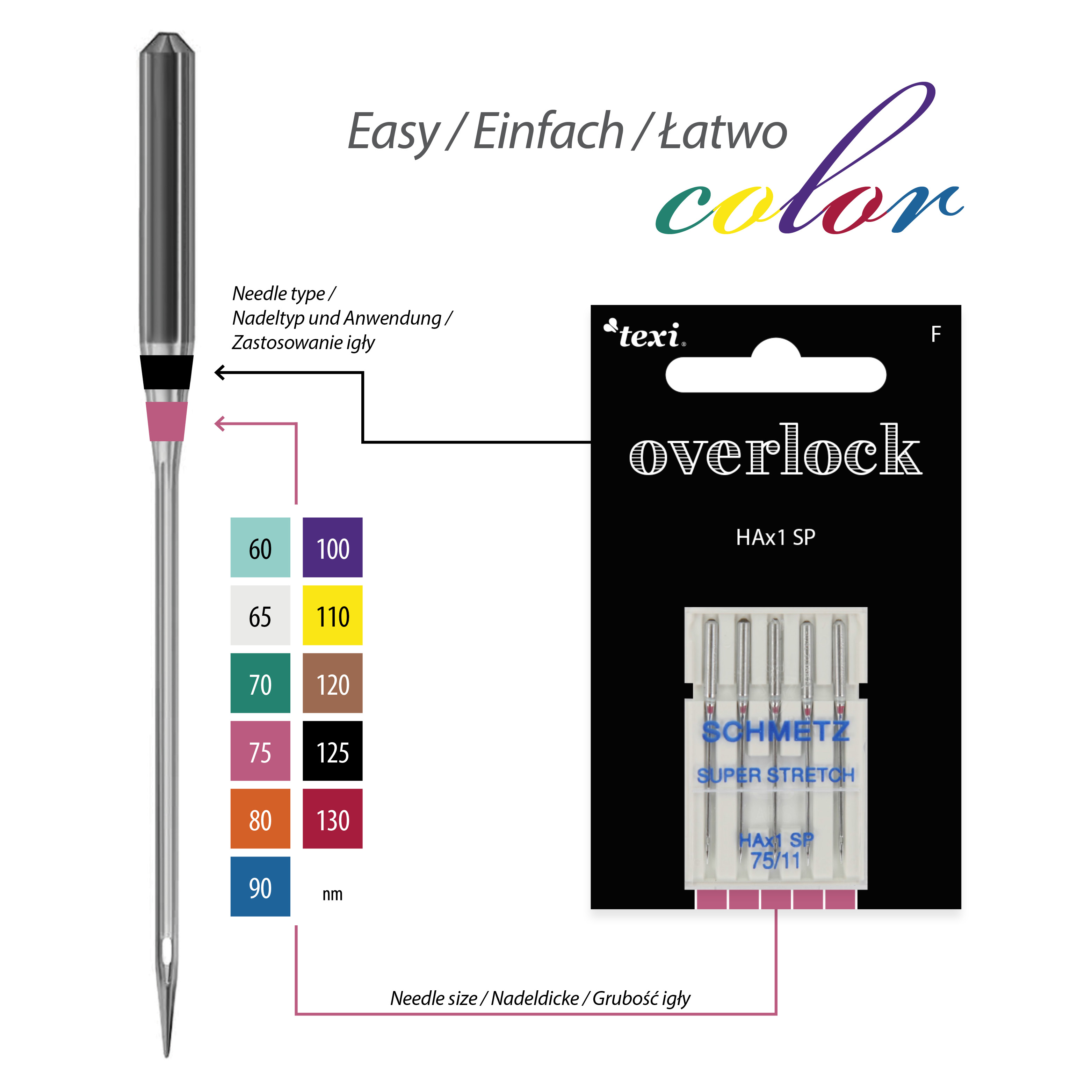 TEXI OVERLOCK HAx1 SP 5X75 - Needles for household overlock machines, 5 pcs, size 75 - 2 Needles for household overlock machines, 5 pcs, size 75