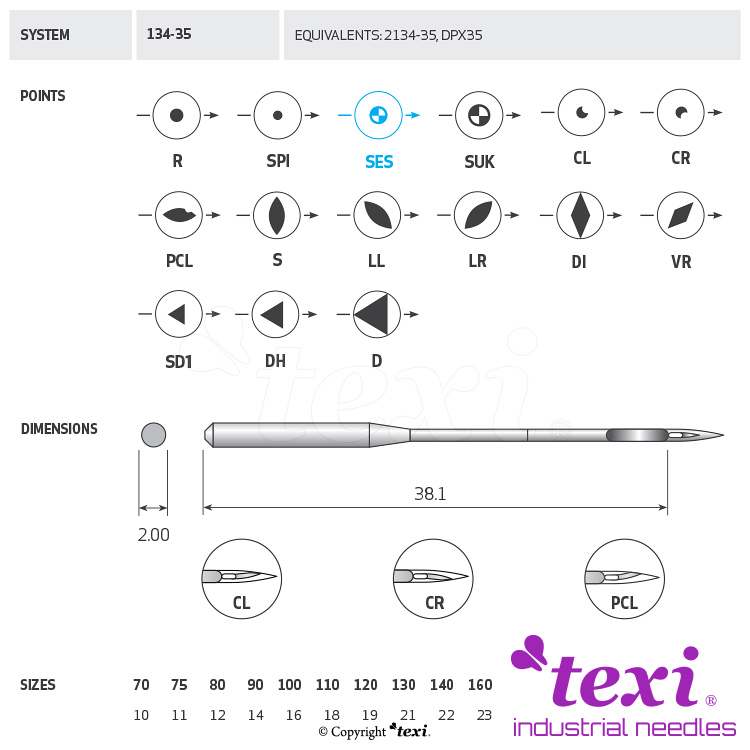 TEXI 134-35 SES 100 - Sewing machine needle, 1box = 100 pcs - 1 Sewing machine needle, 1box = 100 pcs