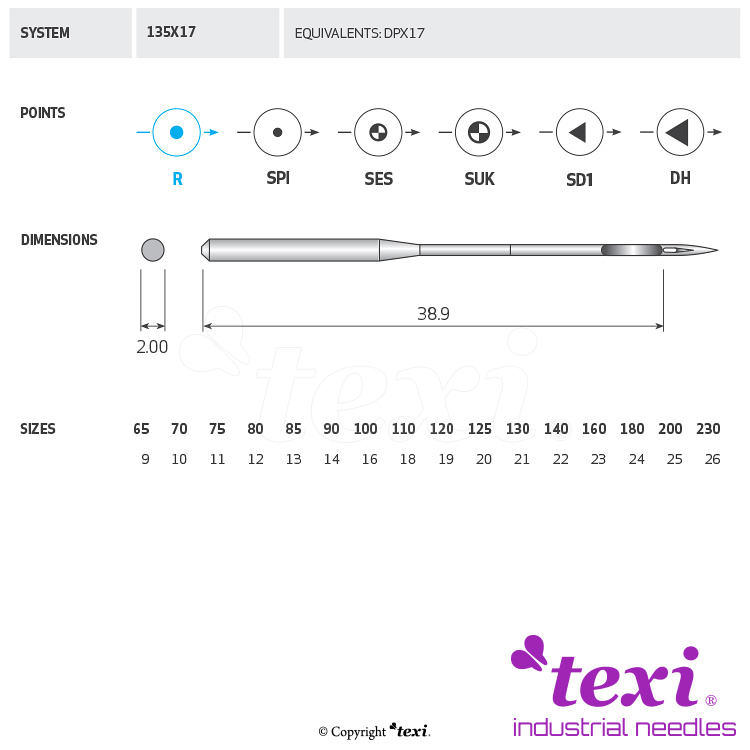 TEXI 135X17 160 - Sewing machine needle - 1 Sewing machine needle