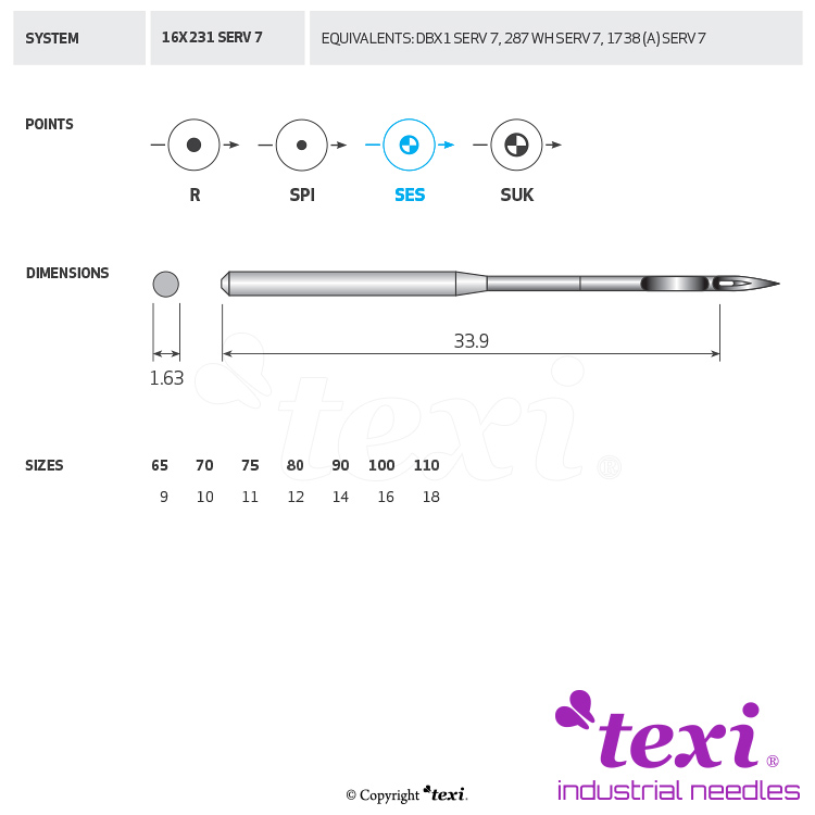 TEXI 16X231 SES SERV 7 070 - Sewing machine needle, 1box = 100 pcs - 1 Sewing machine needle, 1box = 100 pcs