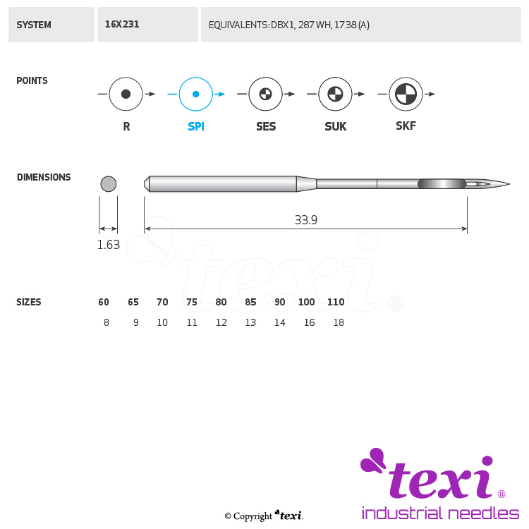 TEXI 16X231 SPI 070 - Sewing machine needle, 1box = 100 pcs - 1 Sewing machine needle, 1box = 100 pcs