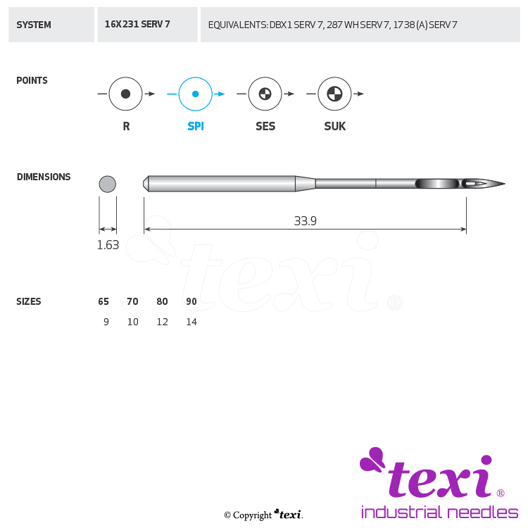 TEXI 16X231 SPI SERV 7 080 - Sewing machine needle, 1box = 100 pcs - 1 Sewing machine needle, 1box = 100 pcs