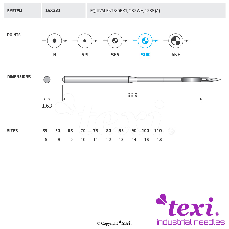 TEXI 16X231 SUK 080 - Sewing machine needle, 1box = 100 pcs - 1 Sewing machine needle, 1box = 100 pcs