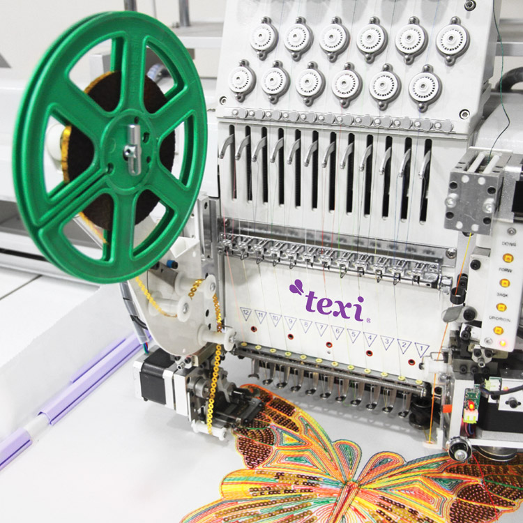 Embroidery machine, single-head, 15-needle with a base and the tooling of suspending sequins from a tape and sewing a cord