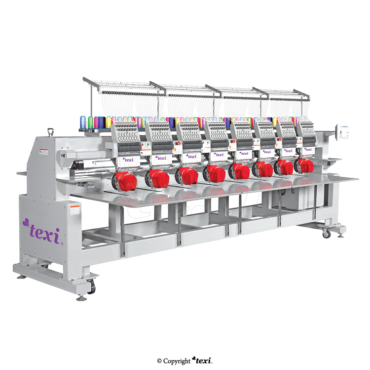 Industrial, eight-head, twelve-needle embroidery machine with an enlarged field of work