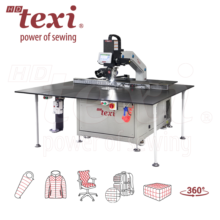 Programmable sewing machine with liftable rotary sewing head and independent drives