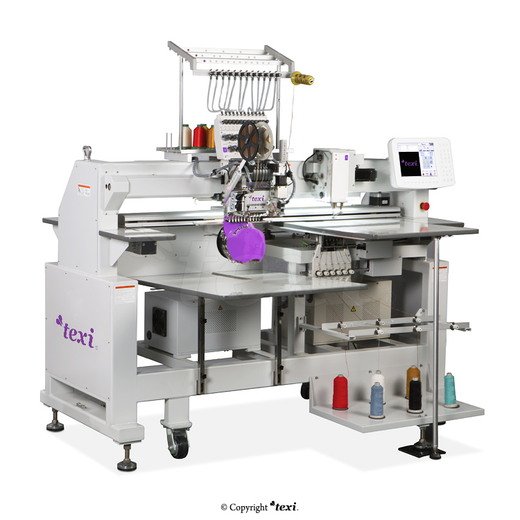 12-needle embroidery machine with a base with accessories for sewing sequins and strings and an additional head with chanille function