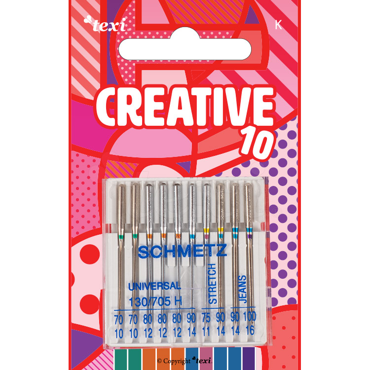 TEXI CREATIVE 10 - Needles for household machines MIX, 10 pcs, 130/705H 2x70, 3x80, 1x90 + 130/705 H-J 1x90, 1x100 + 130/705 H-S 1x75, 1x90 - 1 Needles for household machines MIX, 10 pcs, 130/705H 2x70, 3x80, 1x90 + 130/705 H-J 1x90, 1x100 + 130/705 H-S 1x75, 1x90