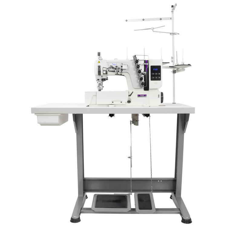 3-needle flat bed coverstitch (interlock) machine with built-in AC Servo motor and needles positioning - complete sewing machine