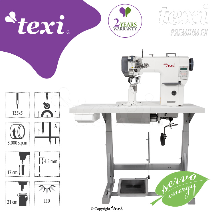 TEXI POST DD PREMIUM EX - 1-needle post-bed mechatronic lockstitch machine with built-in servo motor - with bottom, needle and upper roller feed - complete sewing machine - 1 1-needle post-bed mechatronic lockstitch machine with built-in servo motor - with bottom, needle and upper roller feed - complete sewing machine