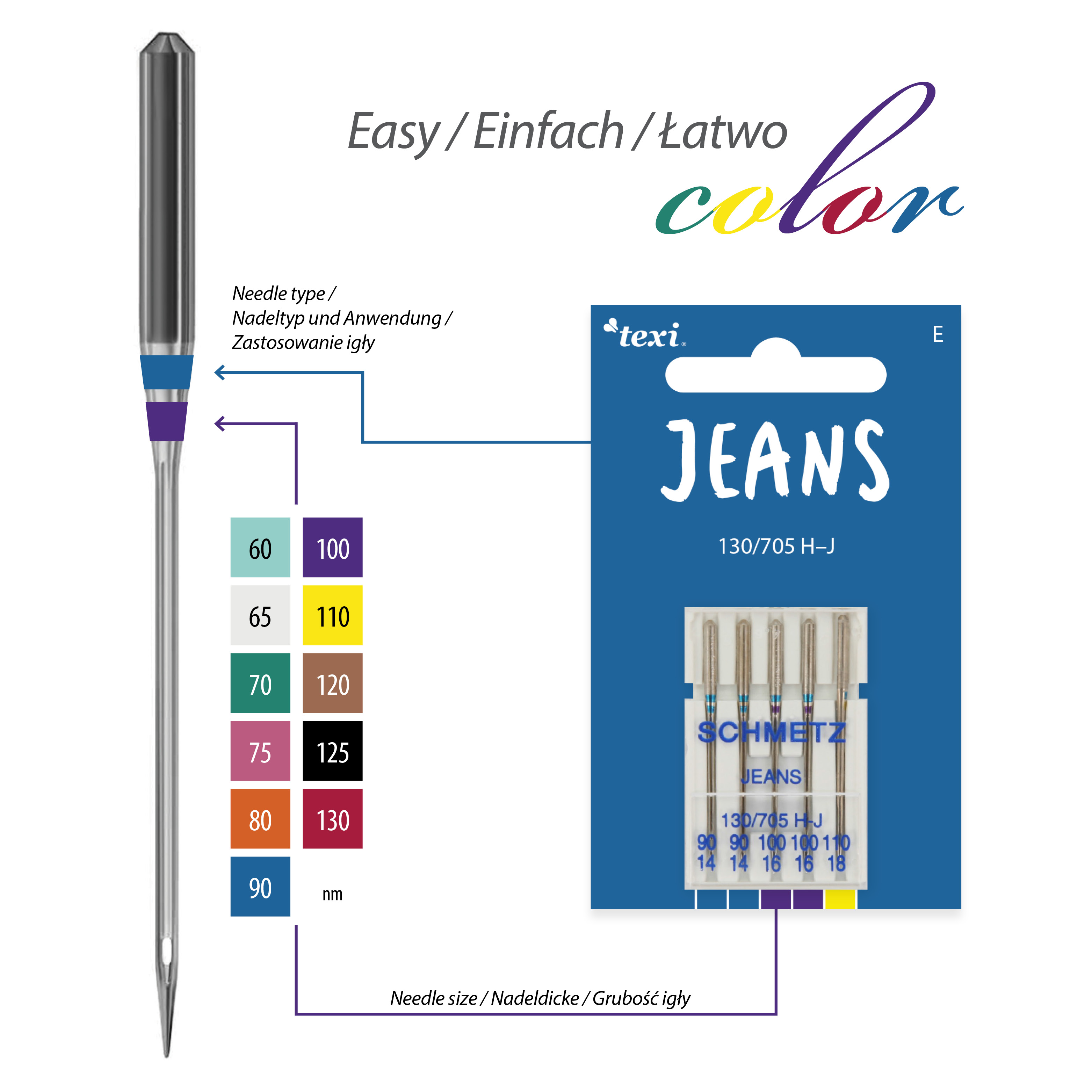 TEXI JEANS 130/705 H-J 2x90 2x100 1x110 - Jeans needles for household machines, 5 pcs, size 90x2, 100x2, 110x1 - 2 Jeans needles for household machines, 5 pcs, size 90x2, 100x2, 110x1
