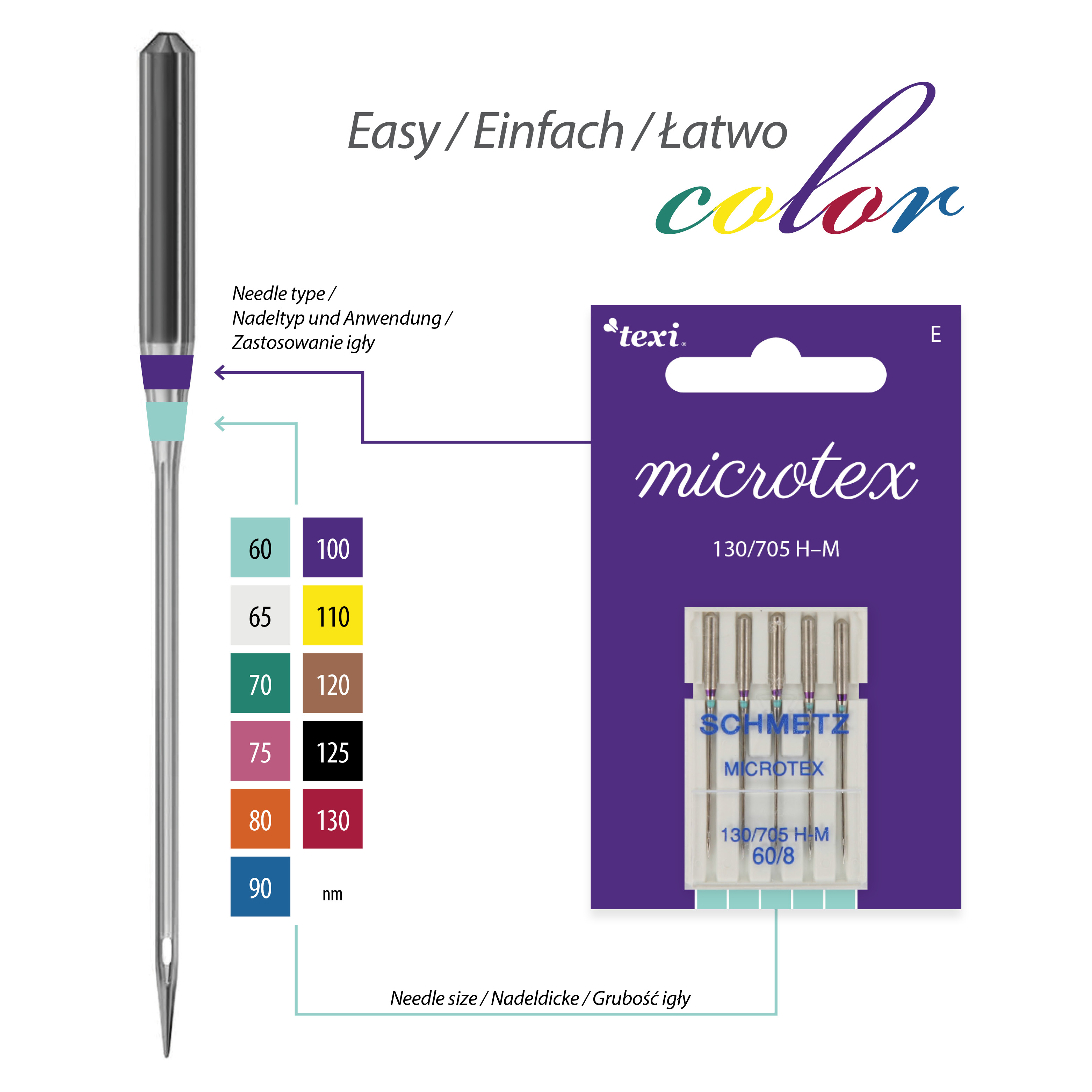 TEXI MICROTEX 130/705 H-M 5x60 - Microtex needles for household machines, 5 pcs, size 60 - 2 Microtex needles for household machines, 5 pcs, size 60